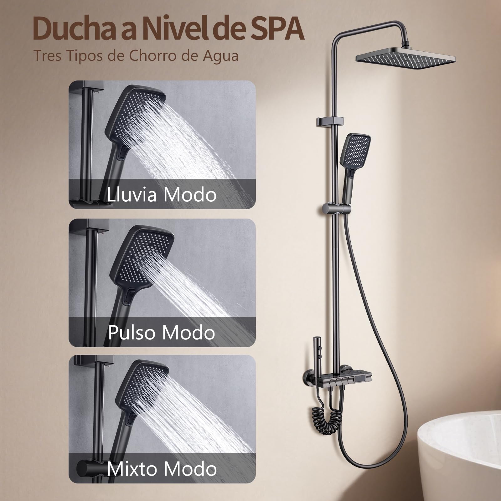 Columna Ducha con Grifo, Ducha de Bano Columna con Pantalla Digital LED - Cabezal Cuadrado, Altura Ajustable Ducha de Mano, Grifo para Bañera y Rociador Auxiliar - Baño de Lujo y Confort