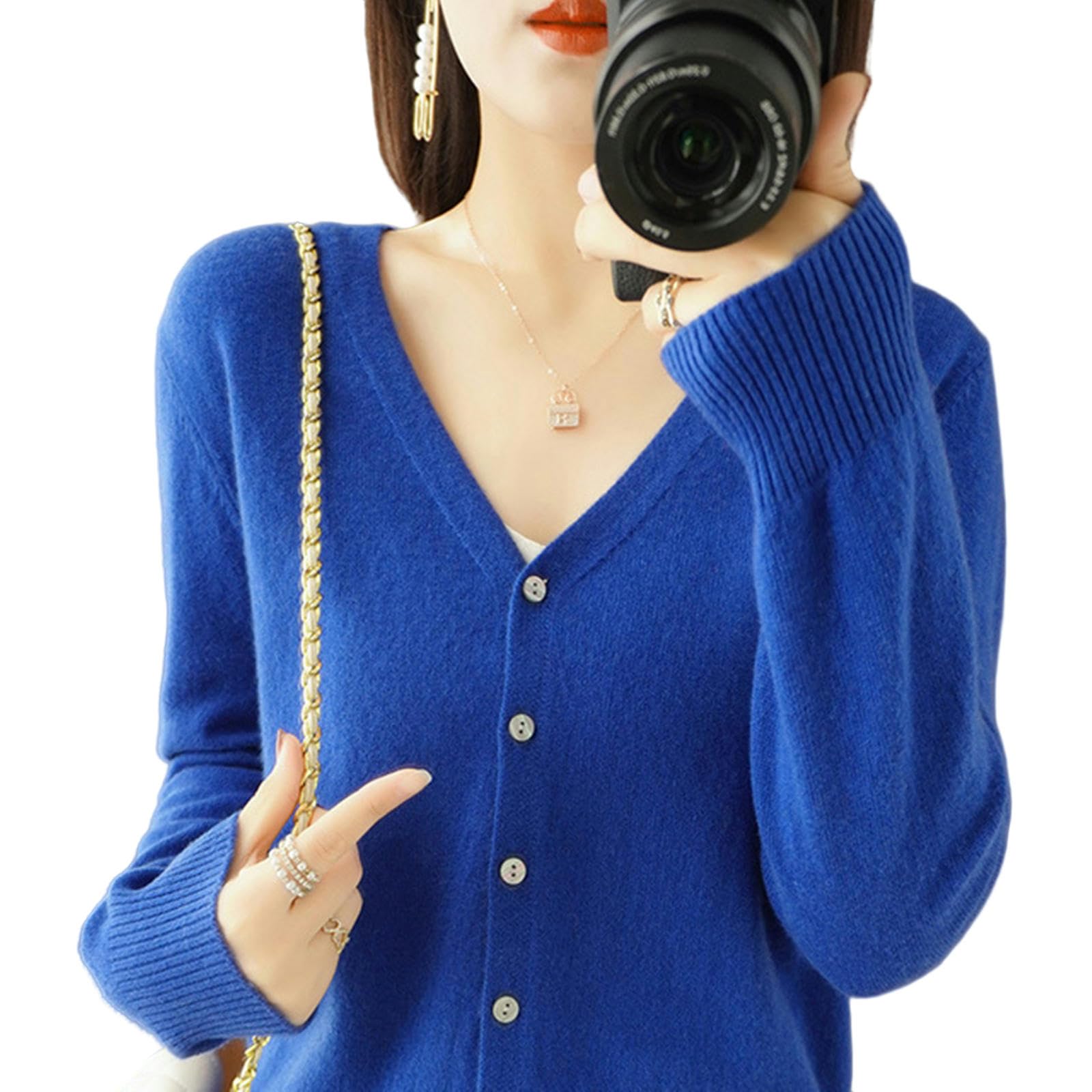 NOGRAX Rebeca Mujer Verano Cárdigans para Mujer, Suéter Tejido con Cuello En V Y Botonadura Única, Prendas De Punto Cortas-Azul-L (50-55) Kg
