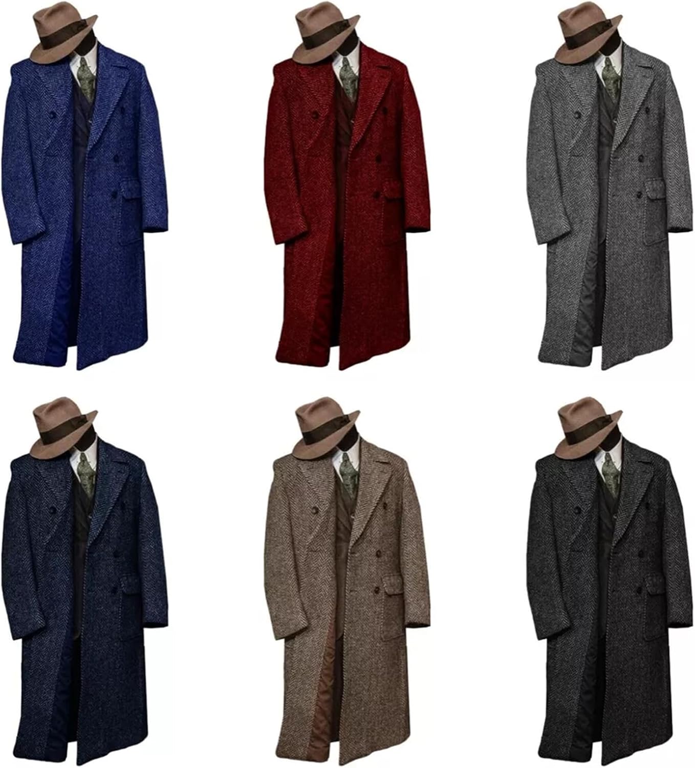 Men's Wool Blend Herringbone Tweed Overcoat Pea Coat Slim Fit Double Breasted Peak Lapel Trench Coat Jacket