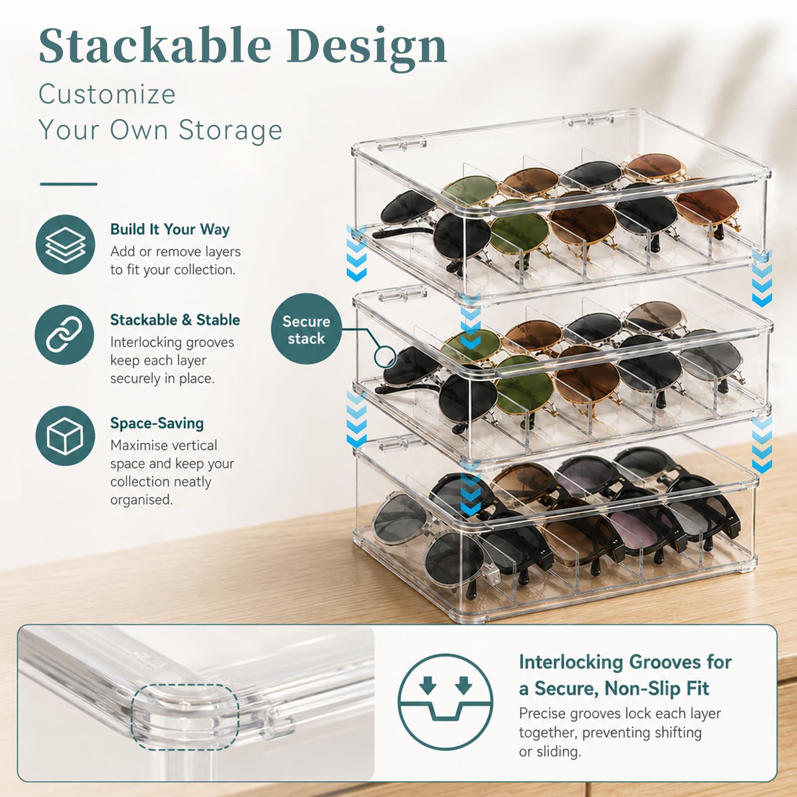3 Acrílico Organizador de Gafas de Sol Capacidad para Guardar Varias Gafas - Caja para Gafas 5 Cuadrículas con Tapa Transparente - Apilable Guarda Gafas Organizador para Almacenamiento Joyas