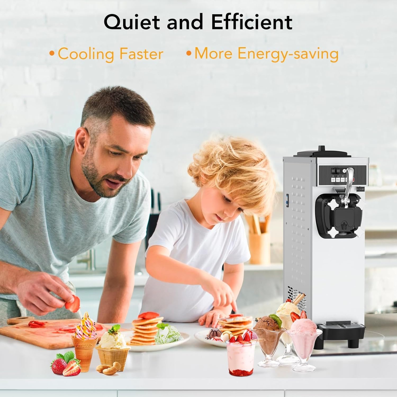 Garvee Commercial Ice Cream Machine 1200W, 4.7-5.8 gal/H Soft Serve Machine, Countertop Soft Serve Ice Cream Yogurt Machine with 7 L Hoppers &1.8 L Cylinders for Party Restaurant Snack Bar