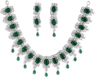 ZENEME Rhodium Plated Square Shaped Silver Toned American Diamond Stone Studded Necklace With Earring Jewellery Set For Wo... Price In India