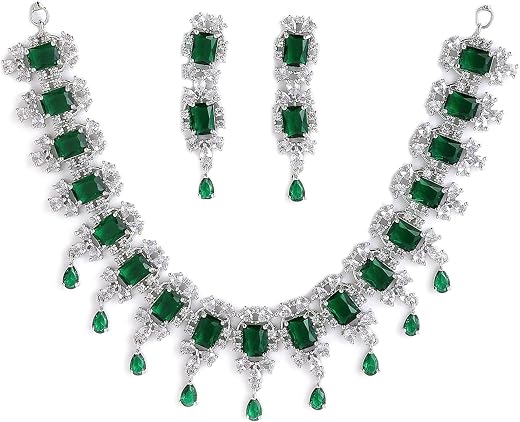 ZENEME Rhodium Plated Square Shaped Silver Toned American Diamond Stone Studded Necklace With Earring Jewellery Set For Wo...