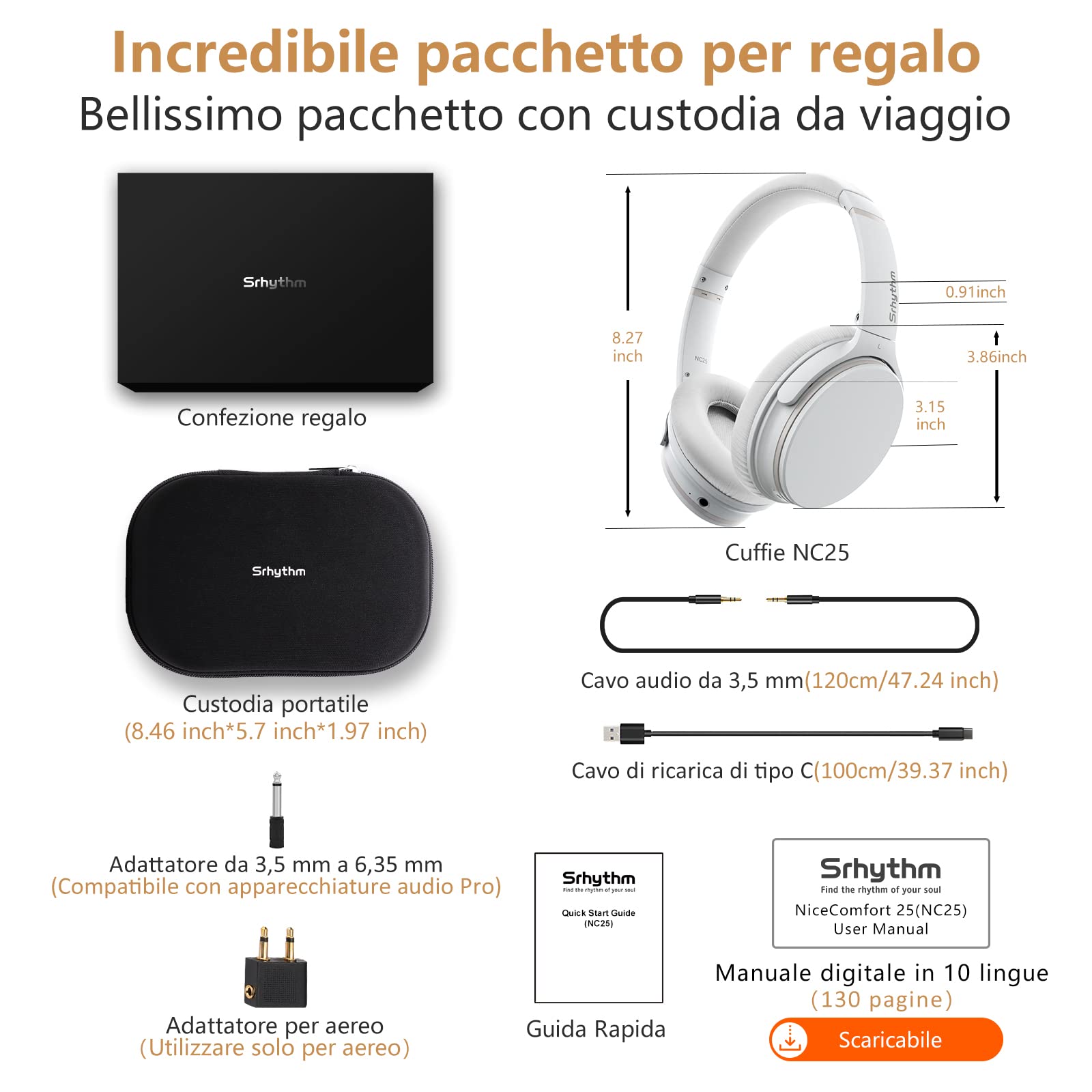 Srhythm NC25 Cuffie Stereo con Cancellazione Attiva del Rumore, Bluetooth 5.3, Auricolari ANC Over-ear con Hi-Fi, Microfono, Autonomia di 50 Ore, Assistente Vocale, ModalitàGioco a Bassa Latenza