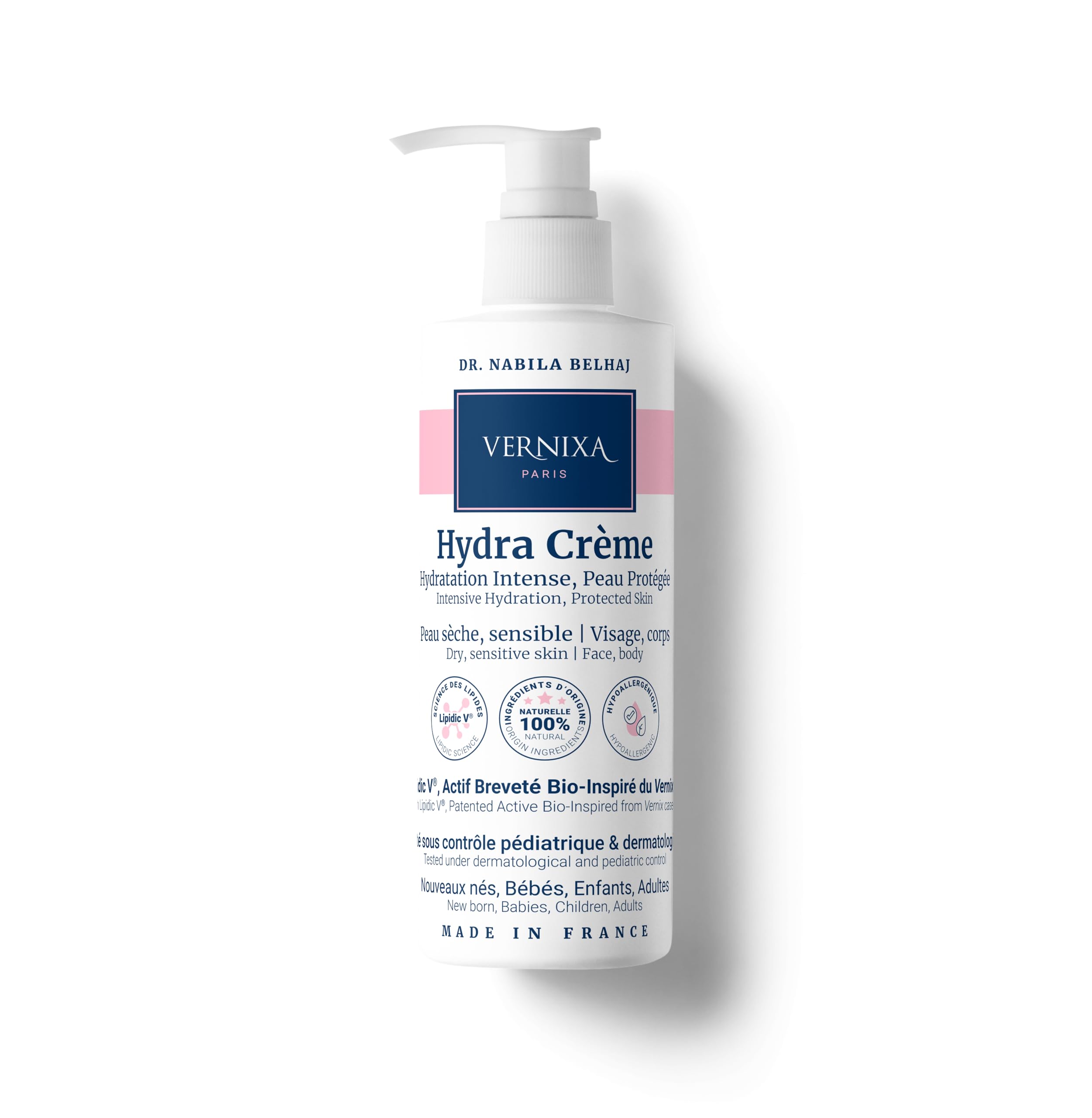Hydra Crema 100% de origen natural, hipoalergénica, para todas las pieles sensibles, validada por pediatras y dermatólogos, eficacia demostrada, por el Dr.. Nabila Belhaj, PhD. Fabricado en