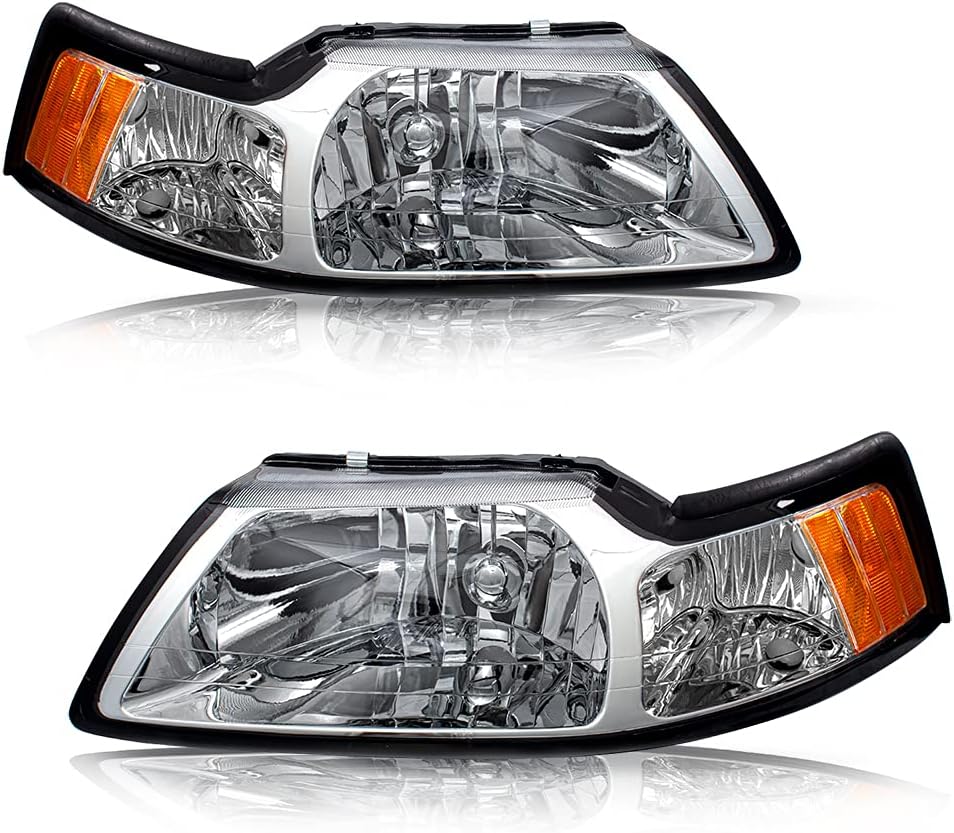 BRYGHT Headlight Assembly Set Replacement for 1999 2001 2002 2003 2004 Ford Mustang (Chrome Housing with Amber Reflector)
