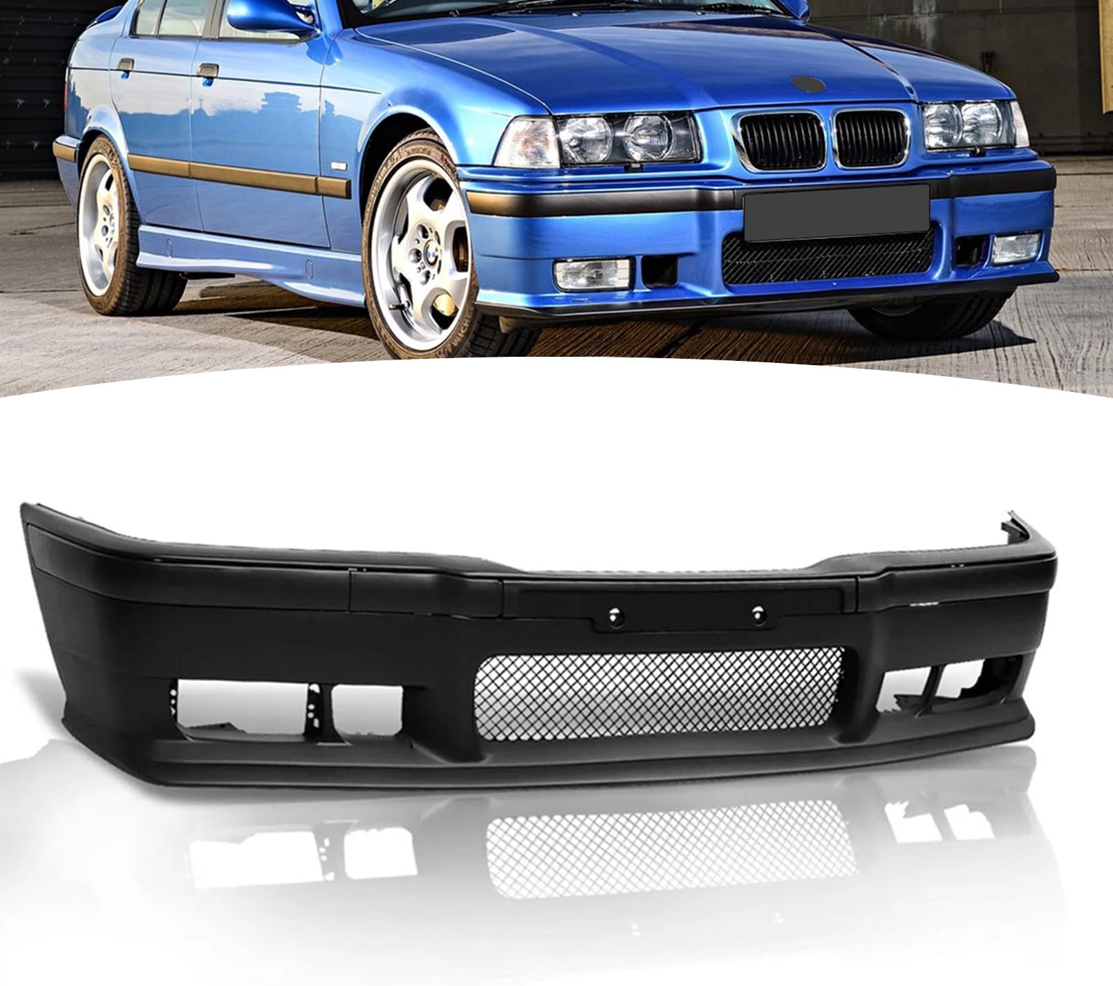 Front Bumper Body Kit & Insert Grille Assembly Fit For 1992-1998 BMW E36 3-Series M3 Style Replacement Front Bumper Cover Lip & Grill Kit ABS Plastic