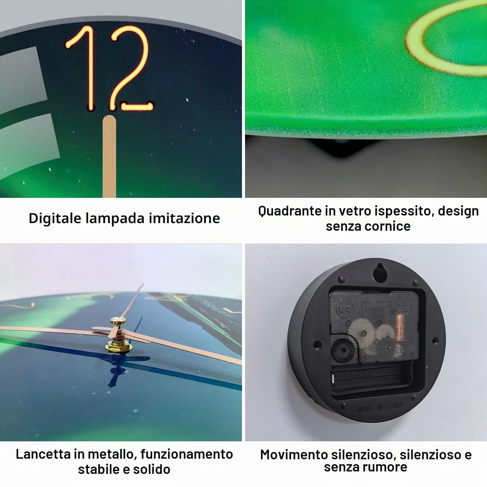 Orologio da Parete in Vetro 12 Pollici Silenzioso Senza Ticchettio Orologio da Parete Rotondo a Batteria al Quarzo di Qualità per Cucina Soggiorno Camera da Letto Ufficio (Aurora)