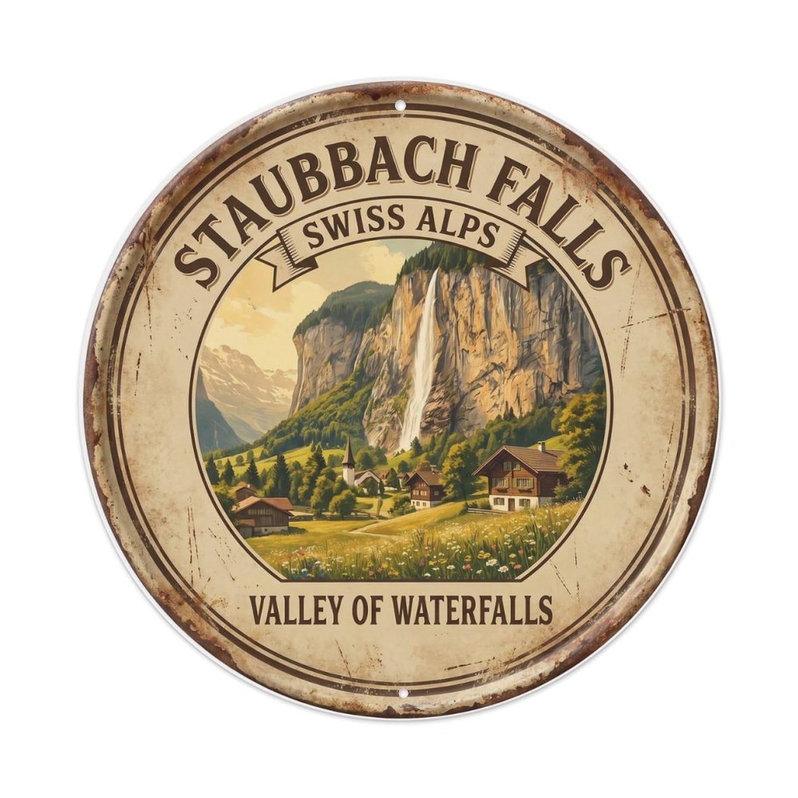 Vintage Travel Staubbach Falls Swiss Metal Tin Sign