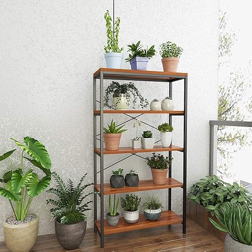 Miniatura 5 de BATHWA Estantería industrial de 5 niveles, estantería de madera y metal, estantería vintage de almacenamiento independiente para sala de estar,