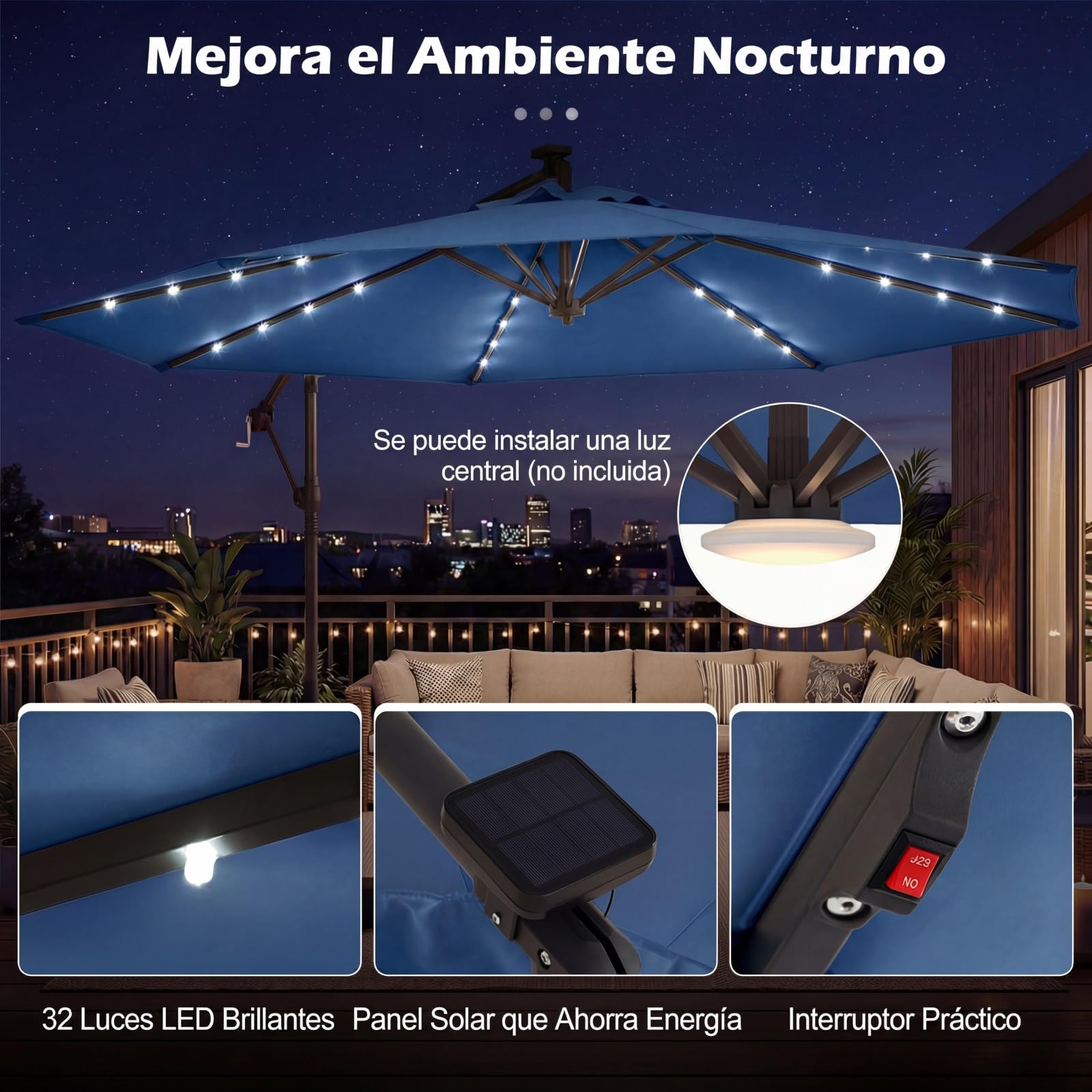 COSTWAY Sombrilla Terraza Exterior con Base, Parasol Excentrico con 32 Luces LED, Rotación de 360°, Manivela, Sacos de Arena, Sombrilla Jardín Grande para Patio Terraza (300 x 300 cm（con Luz）,Azul)