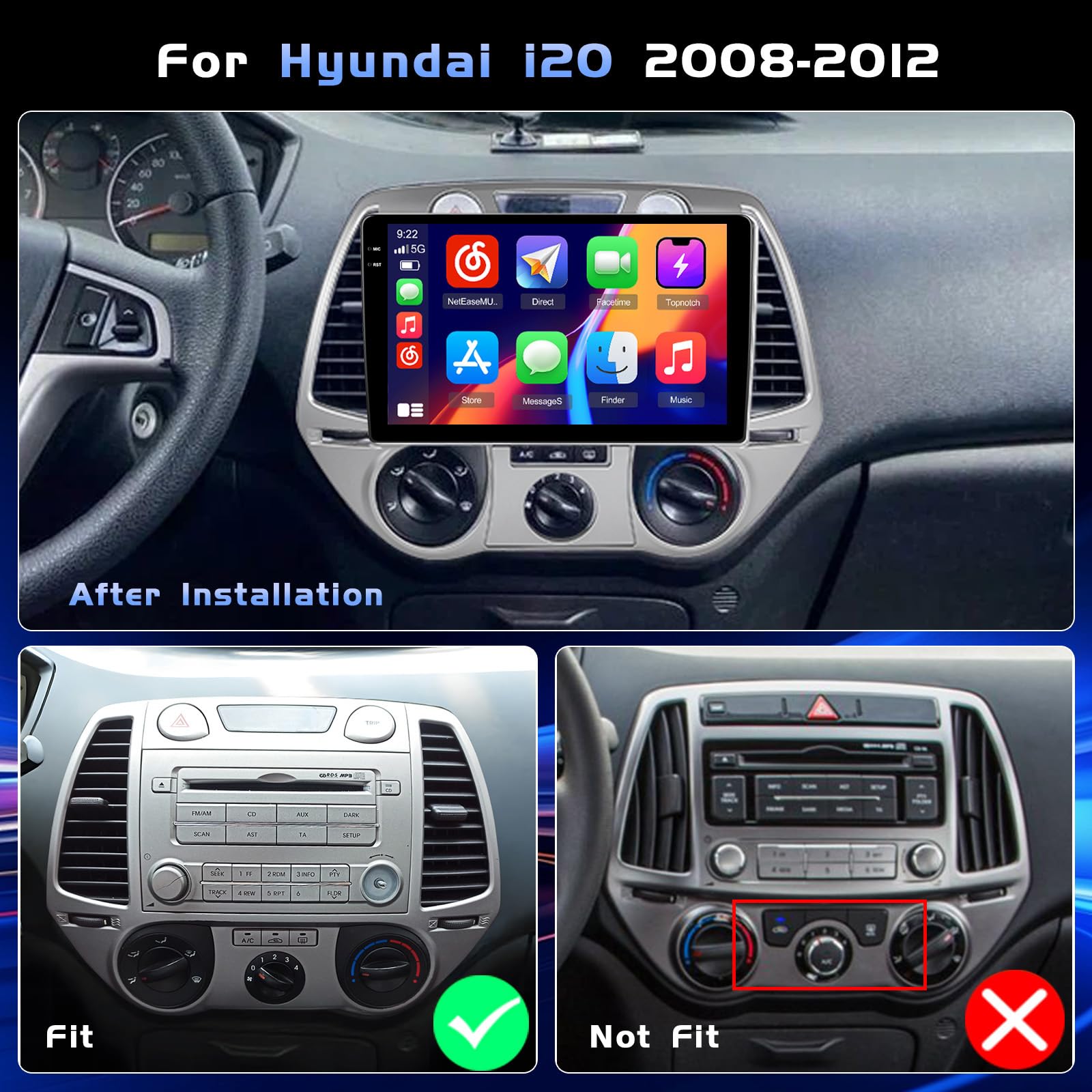 4+64G Android Autoradio mit Bildschirm für Hyundai i20 2008-2012 Wireless Carplay, Autoradio mit Navi 9 Zoll Incell Bildschirm Android Auto/FM/RDS/Rückfahrkam