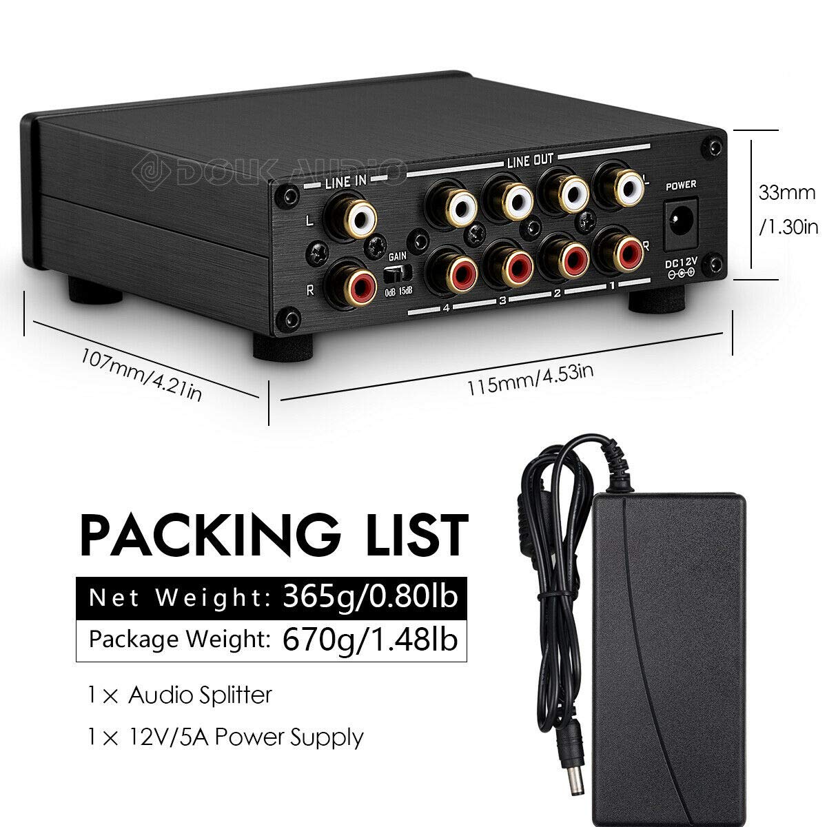 1-IN-4-OUT Lossless Analog Audio Switcher Box Splitter VOL Control for Amplifier (Black)