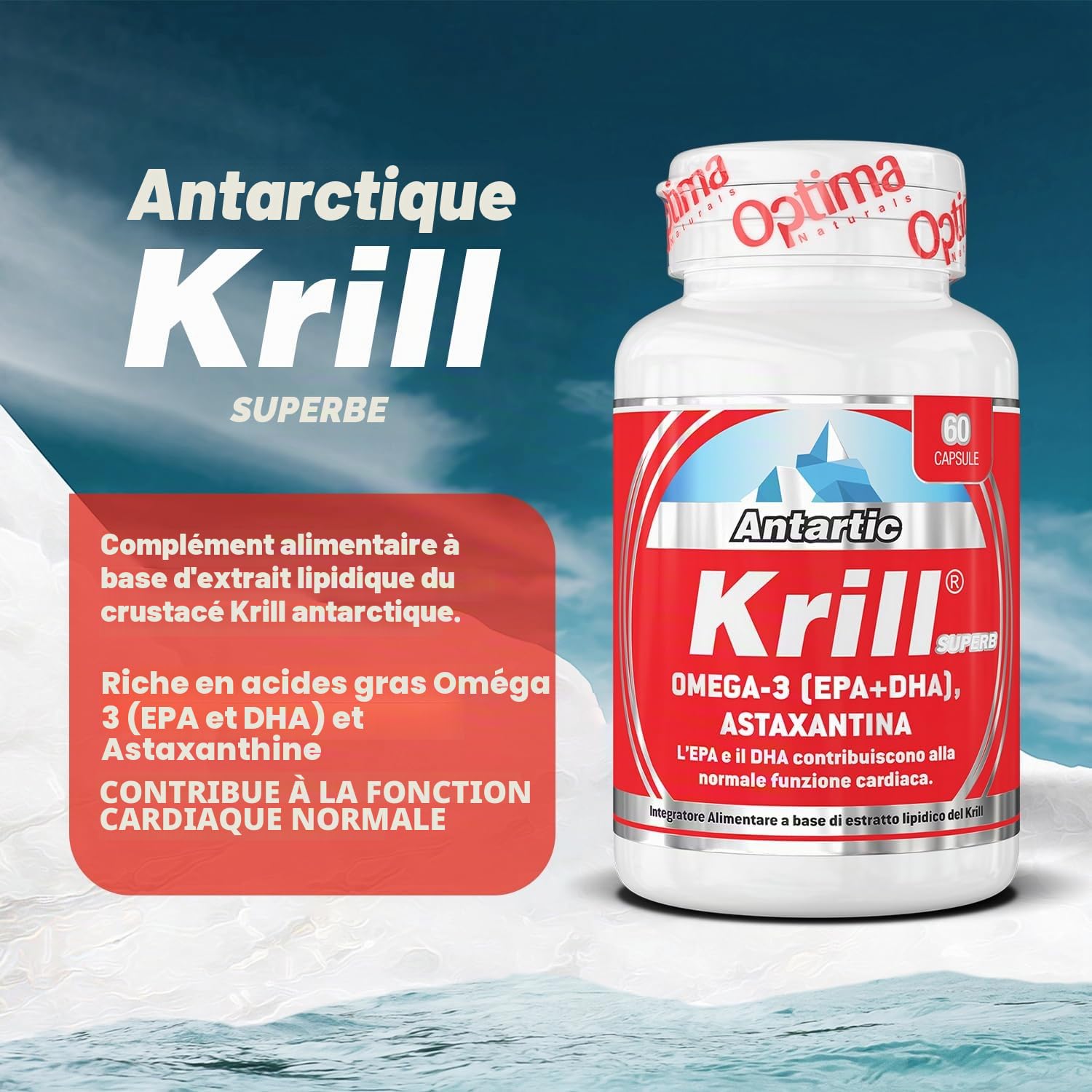 Antartic Krill Superb 60 capsules complément alimentaire à base d'extrait de crustacé krill. Riche en acides gras oméga-3 (EPA et DHA)