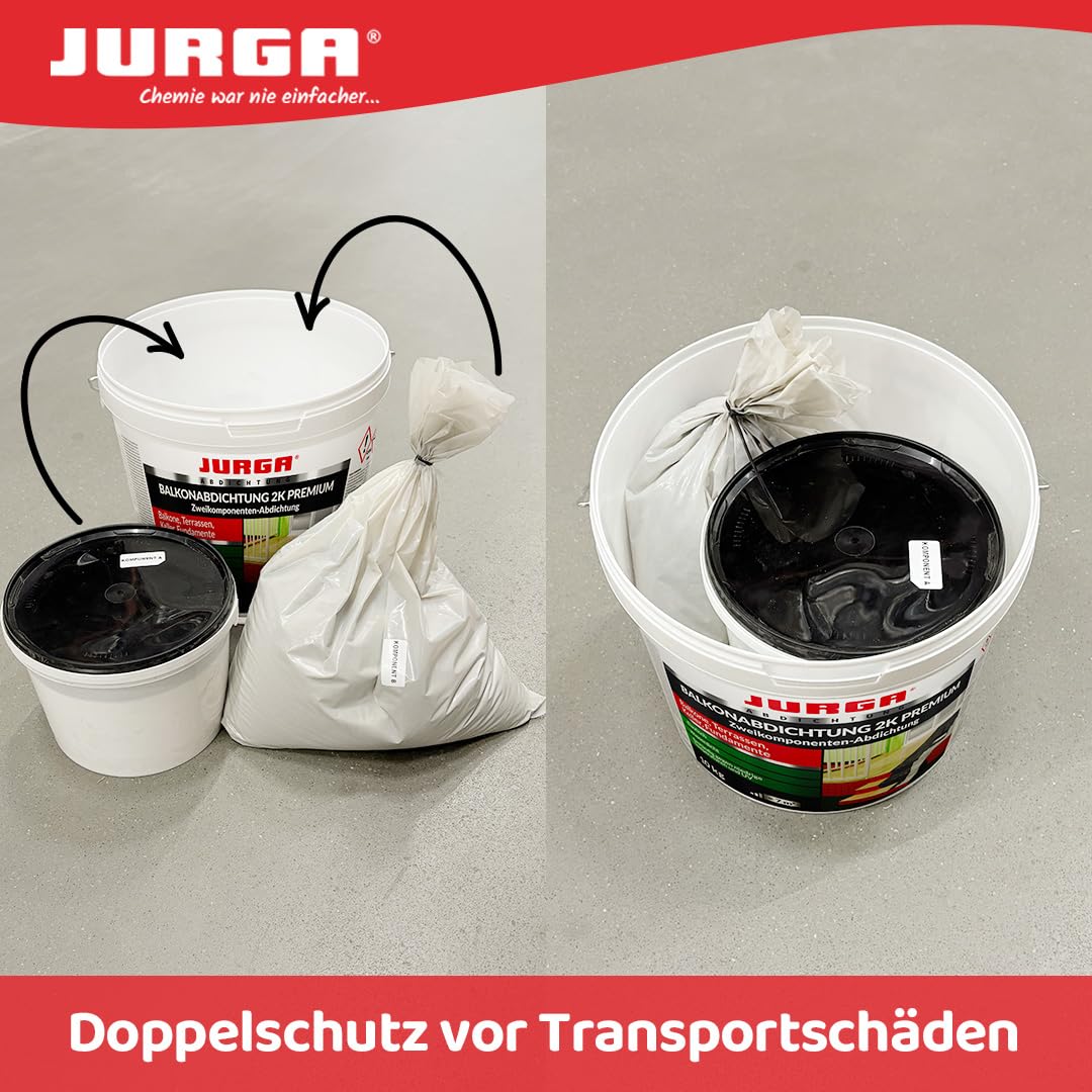 JURGA Balkonabdichtung 2K (20kg≈14m²) Zweikomponenten Zement Mörtel Terrassenabdichtung Außen, Dichtschlämme für Keller & Fundamente, UV-beständig, Wassersperre