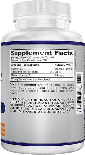 Miniatura 4 de OVITA Vitamina D3  K2 2000IU masticable para soporte de salud de articulaciones y huesos 90 tabletas masticables veganas suministro de 3 meses