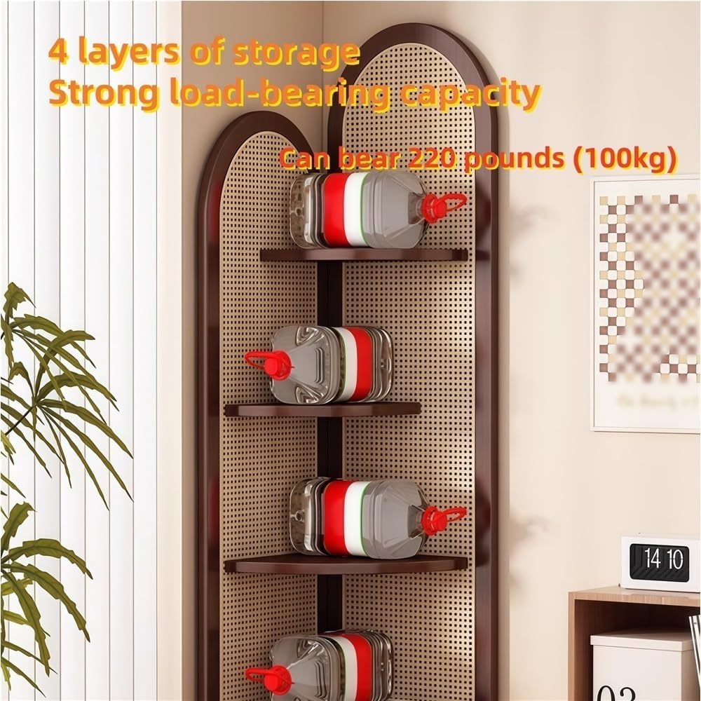 4 Tier Corner Shelf, Rattan Display Shelves with Solid Wood Frame, Bookshelf Stand for Living Room, Bedroom, or Office(Brown)