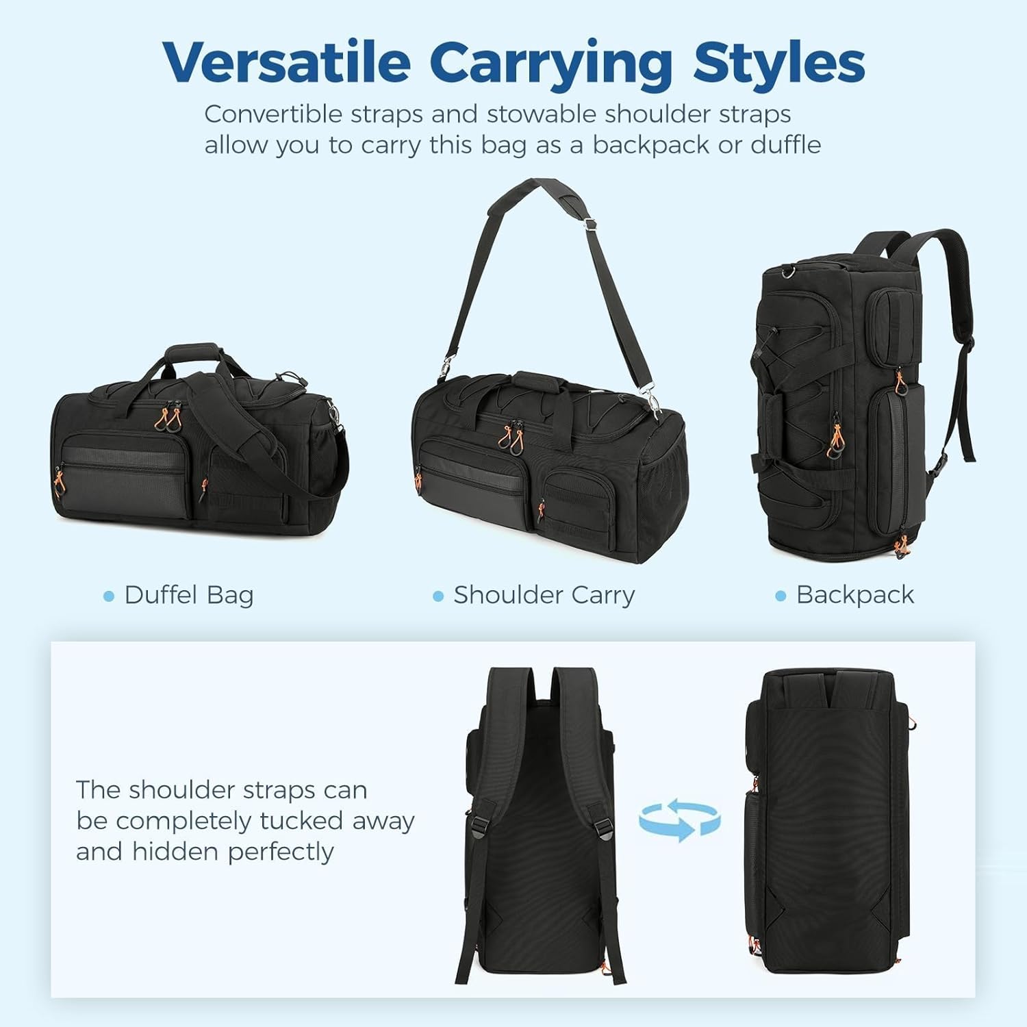 Searock 45L Gym Bag for Men, 3-In-1 Duffle Bag Backpack for Travel, Sports Duffel Bags for Gym Workout, Weekender Overnight Bag with Shoe Compartment, Wet Pocket, Black - Image 4