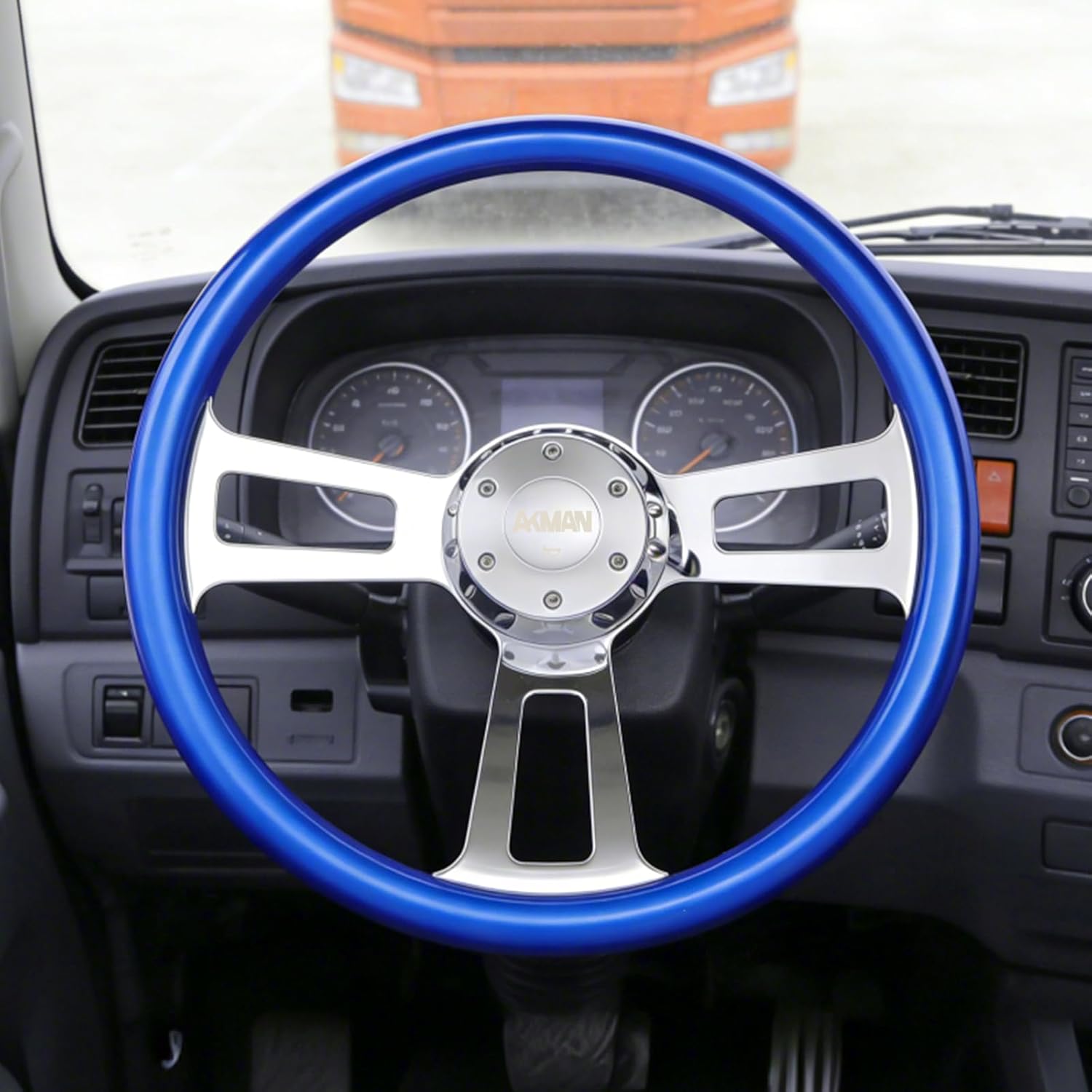 18 inch Wood Truck Steering Wheel 5 bolts 3 Spoke Aluminum Chrome Plated Steering Wheel for Semi Trailers,Trucks for Kenworth,Peterbilt,Volvo, Freightliner (Blue)