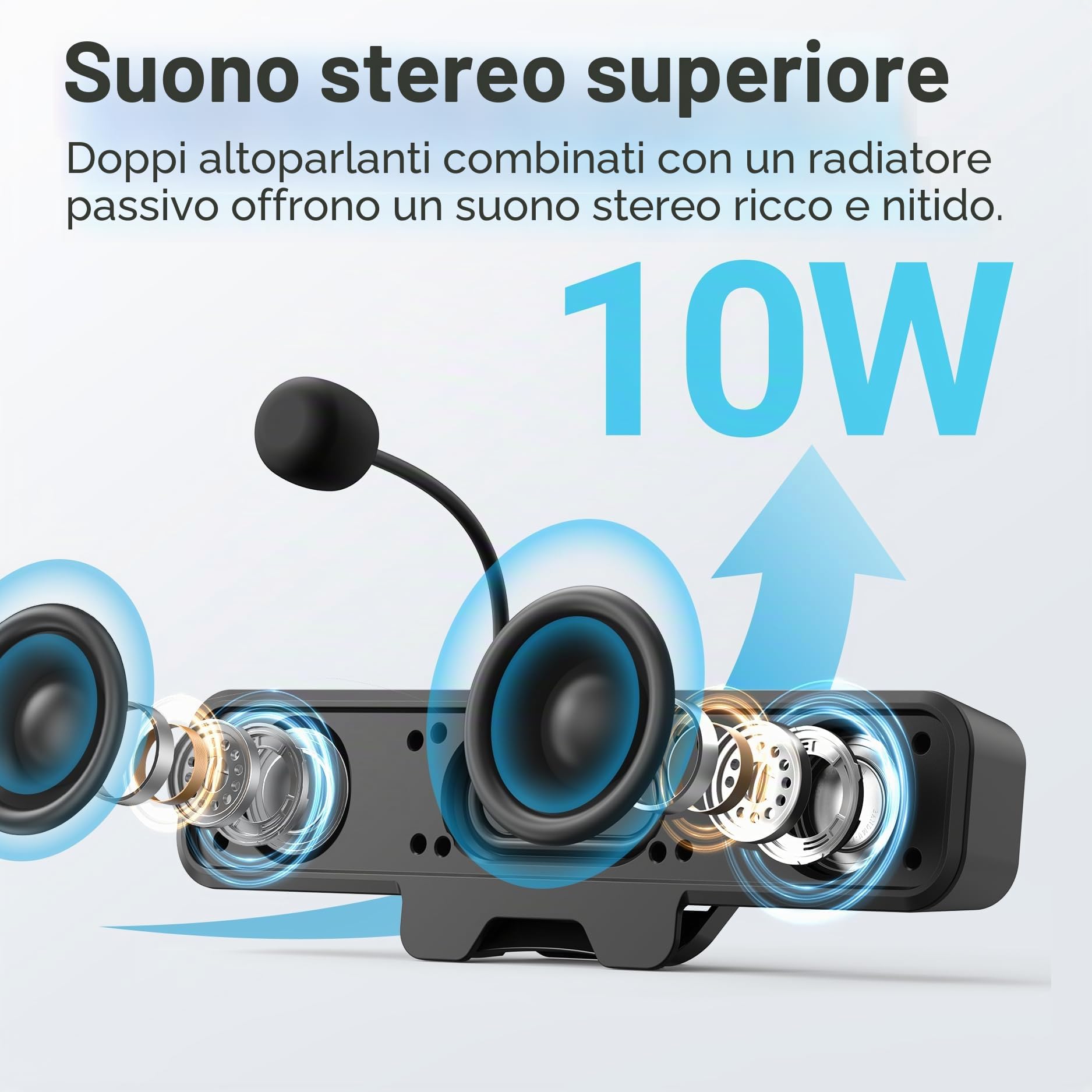Inwa Altoparlante per PC, altoparlante USB con microfono, stereo e basso, spegnimento muto a un pulsante, clip plug and play per monitor PC, desktop, laptop e Mac (nero)
