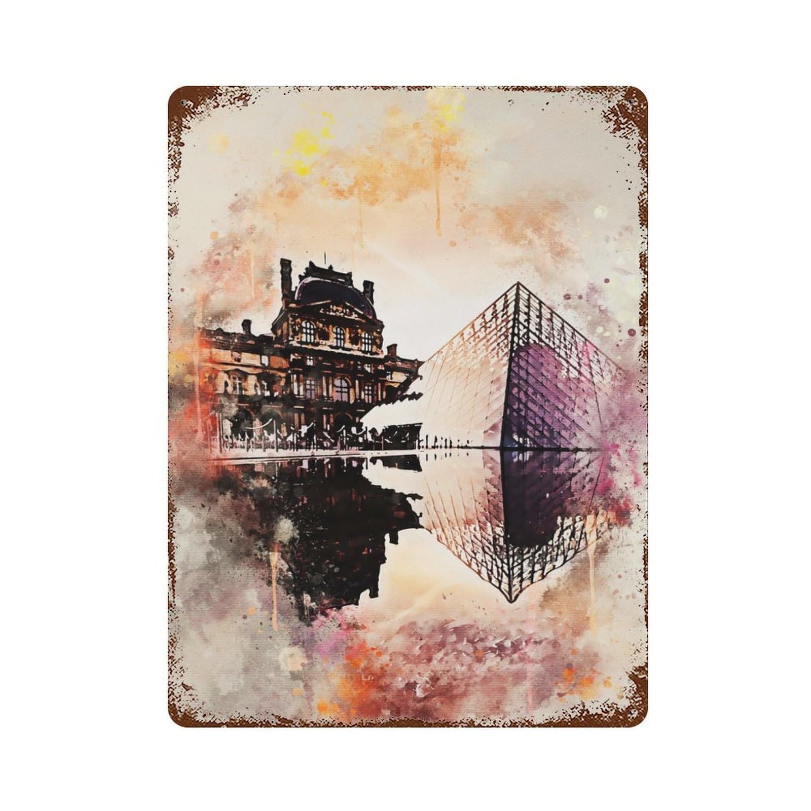 Paris in Watercolor Vintage Wall Sign 15.7"x11.8", Rust Effect Metal Decor for Living Room, Hallway And Home Decor