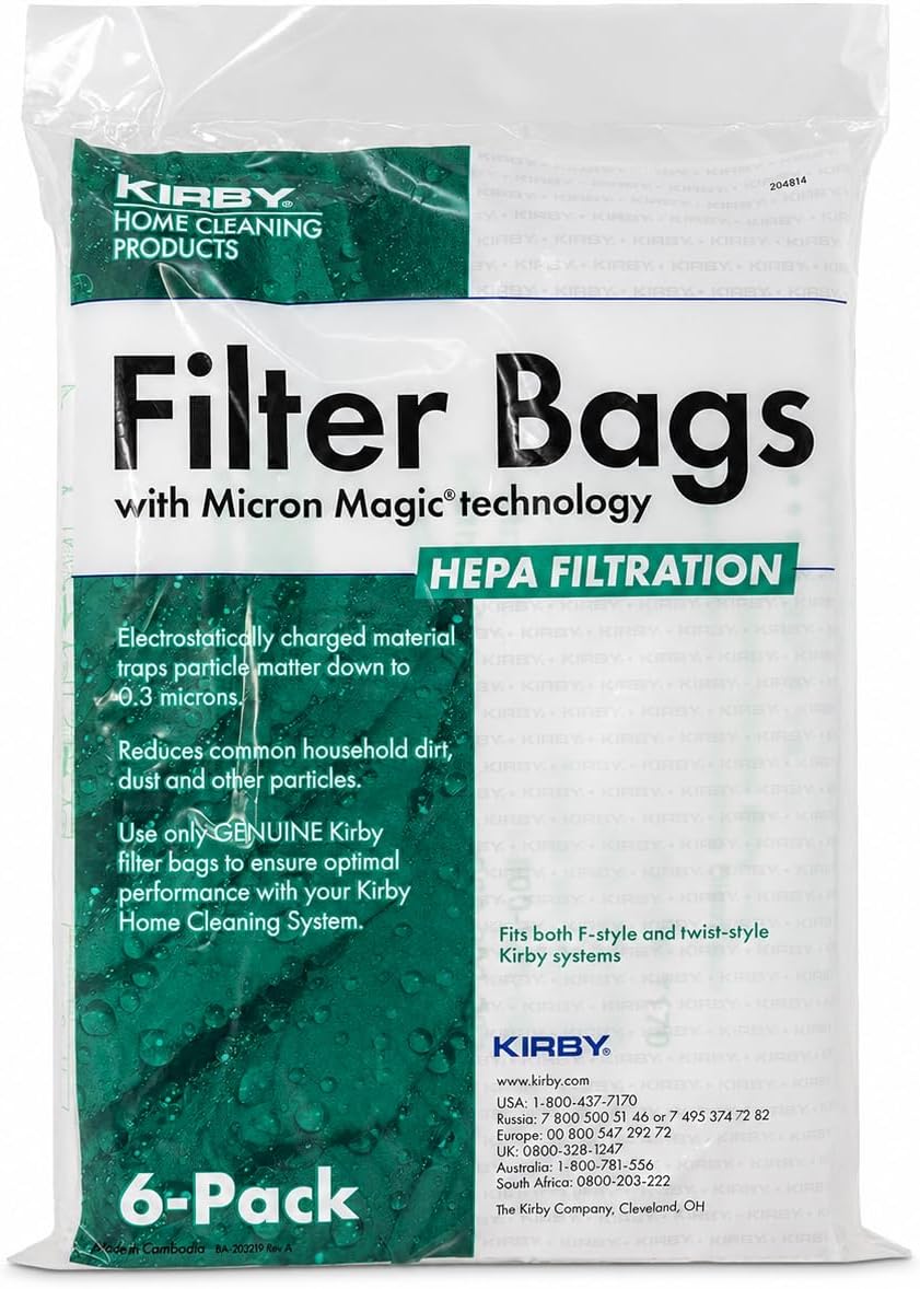 Bolsas de filtro HEPA Kirby Micron Magic Plus, paquete de 6 | Parte #204814 | Compatible con aspiradoras estilo F y estilo Twist
