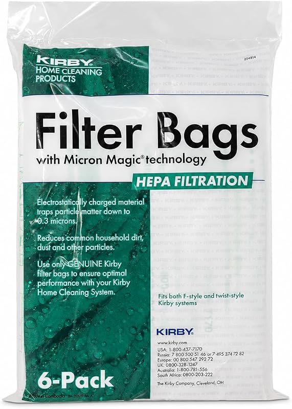 Bolsas de filtro HEPA Kirby Micron Magic Plus, paquete de 6 | Parte #204814 | Compatible con aspiradoras estilo F y estilo Twist