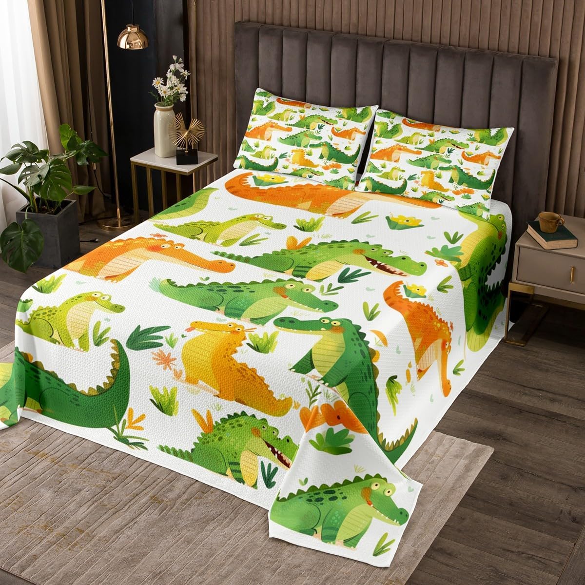 Homewish Cartoon Crocodile Bedspread Twin Size,Wildlife Green Plant Bedding Set for Kids Boys Girls Room Decor,Wild Animal Theme Quilt 2Pcs,White Botanical Cute Crocodile Coverlet Set,1 Pillowcase