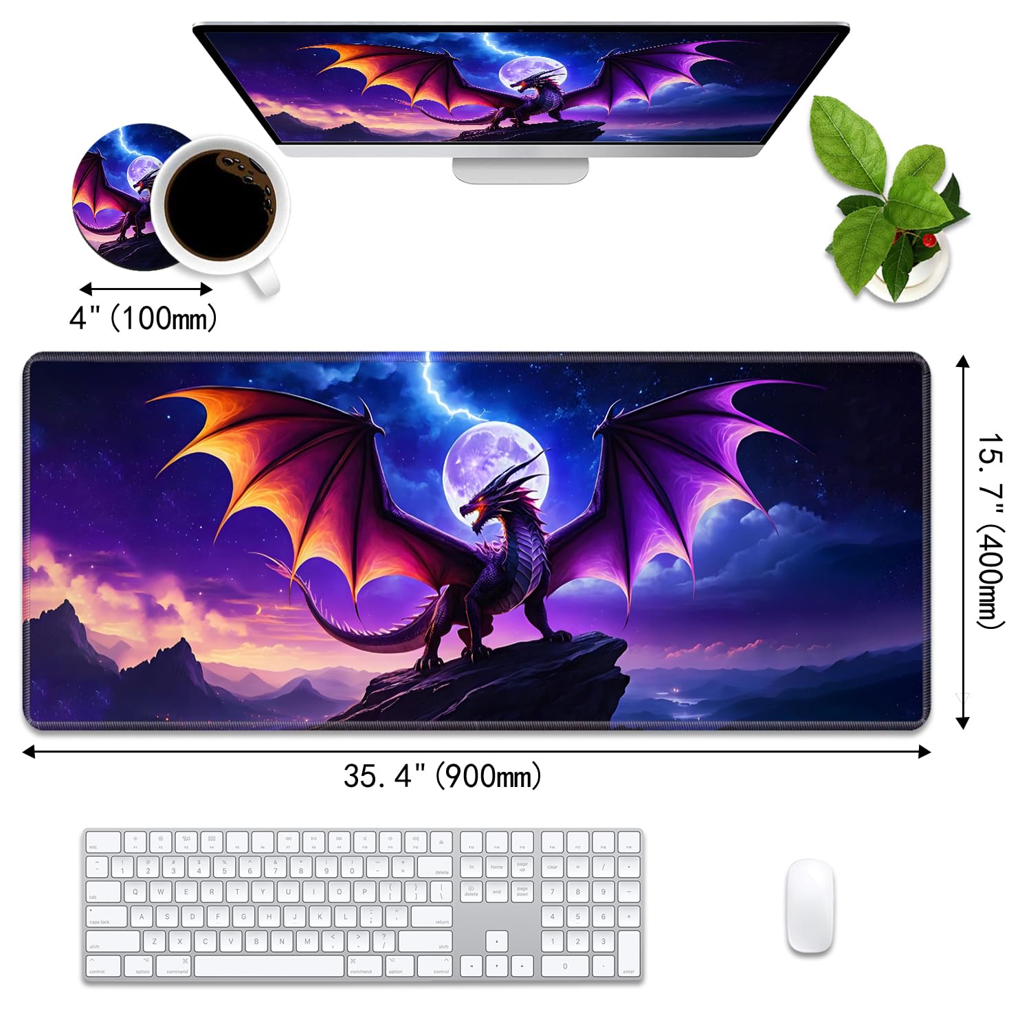 Alfombrilla de mouse para juegos con posavasos, alfombrilla de mouse grande extendida para juegos (35.4 x 15.7 pulgadas) con base antideslizante y borde cosido para juegos en casa, oficina, trabajo,