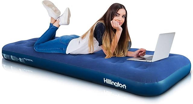 Hillington Flocked Air Bed Ideal for Camping or as a Temporary Guest Airbed - Waterproof Flocked Topping and Large Valve for Rapid Inflation and Deflation - Folds for Storage (Single)