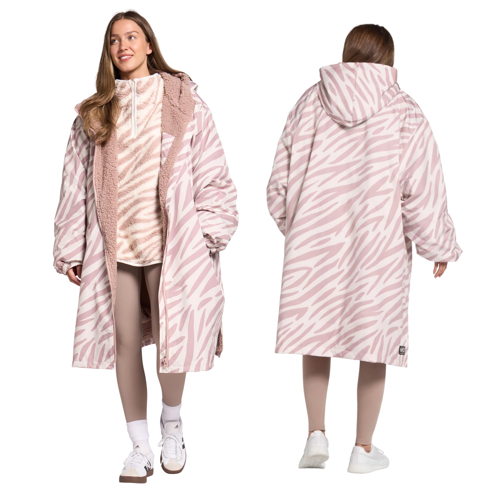OHS Rain Coats for Women, Zebra Print Oversized Waterproof Jacket Fleece Lining Dry Robes Adult Womens with Hood & Pockets Lightweight Breathable Changing Robe Women Outdoor, Beige - S/M