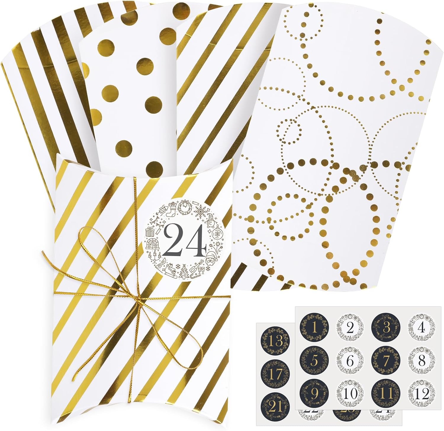 Naler Christmas Advent Calendar, Card Pillow Boxes with 1 to 24 Countdown Number Stickers Giving Treat Boxes Goodie Boxes Xmas Craft Party Favors, Gold