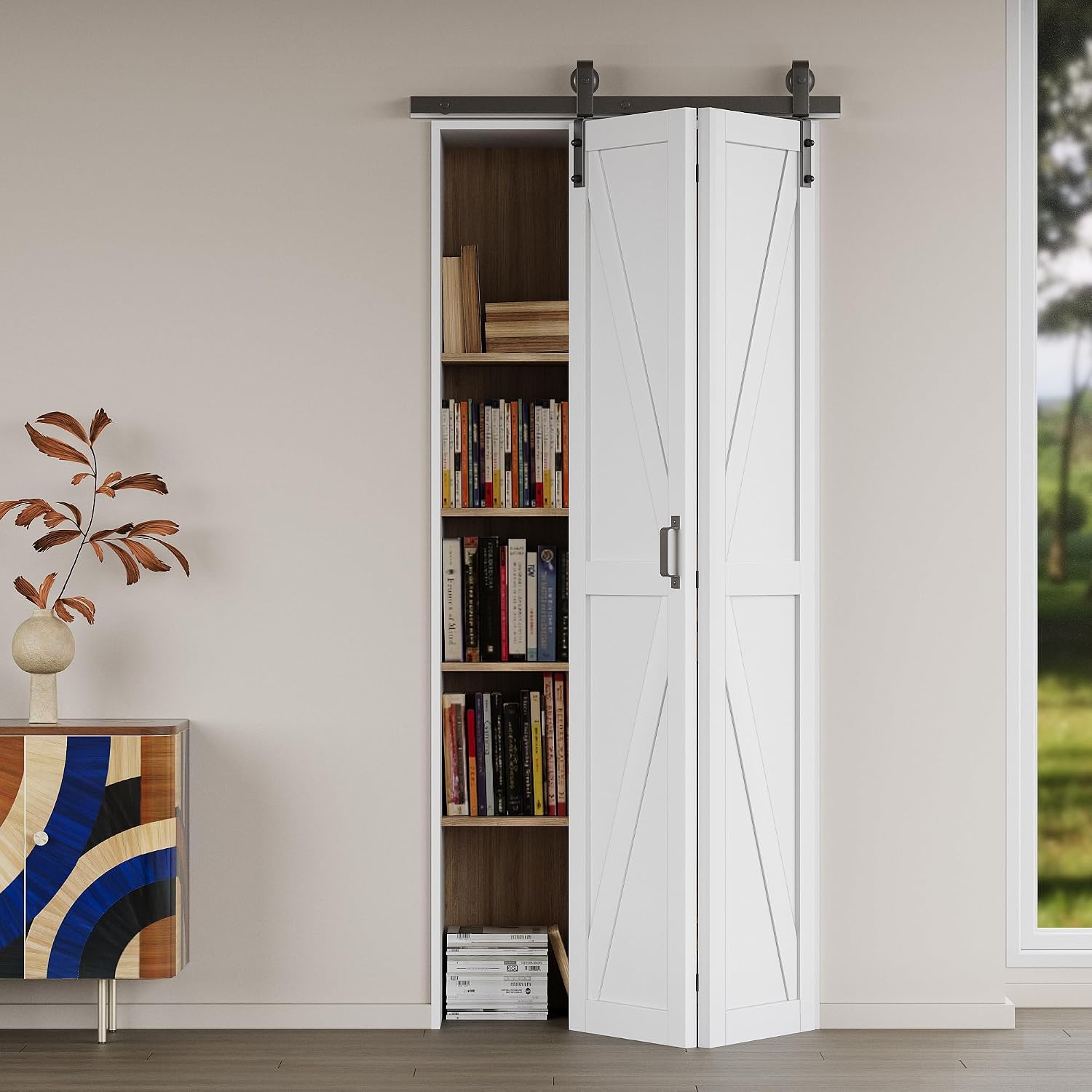 Paintable Bifold Barn Door with Hardware Kit Included, Pre-Assembled Panels Bi Fold Barn Door with Effective Sound Insulation, Water-Resistant Solid Core, White Primed Finish, 36" x 84"