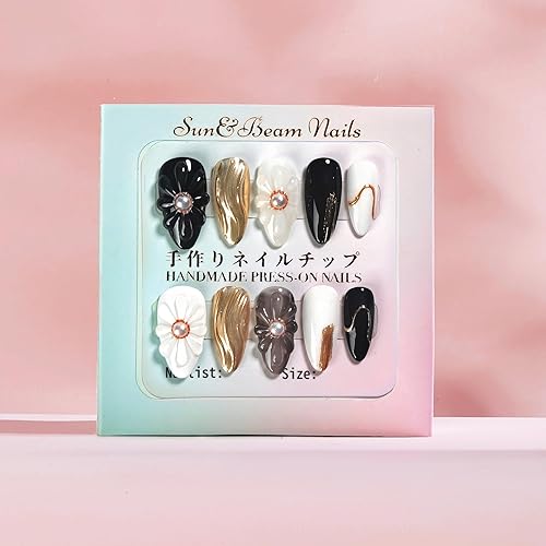 Miniatura 4 de Sun&Beam Nails Puntas de uñas postizas hechas a mano, a presión, medias, largas, almendra, negro, oro blanco, espejo 3D, diseño de perla, 10