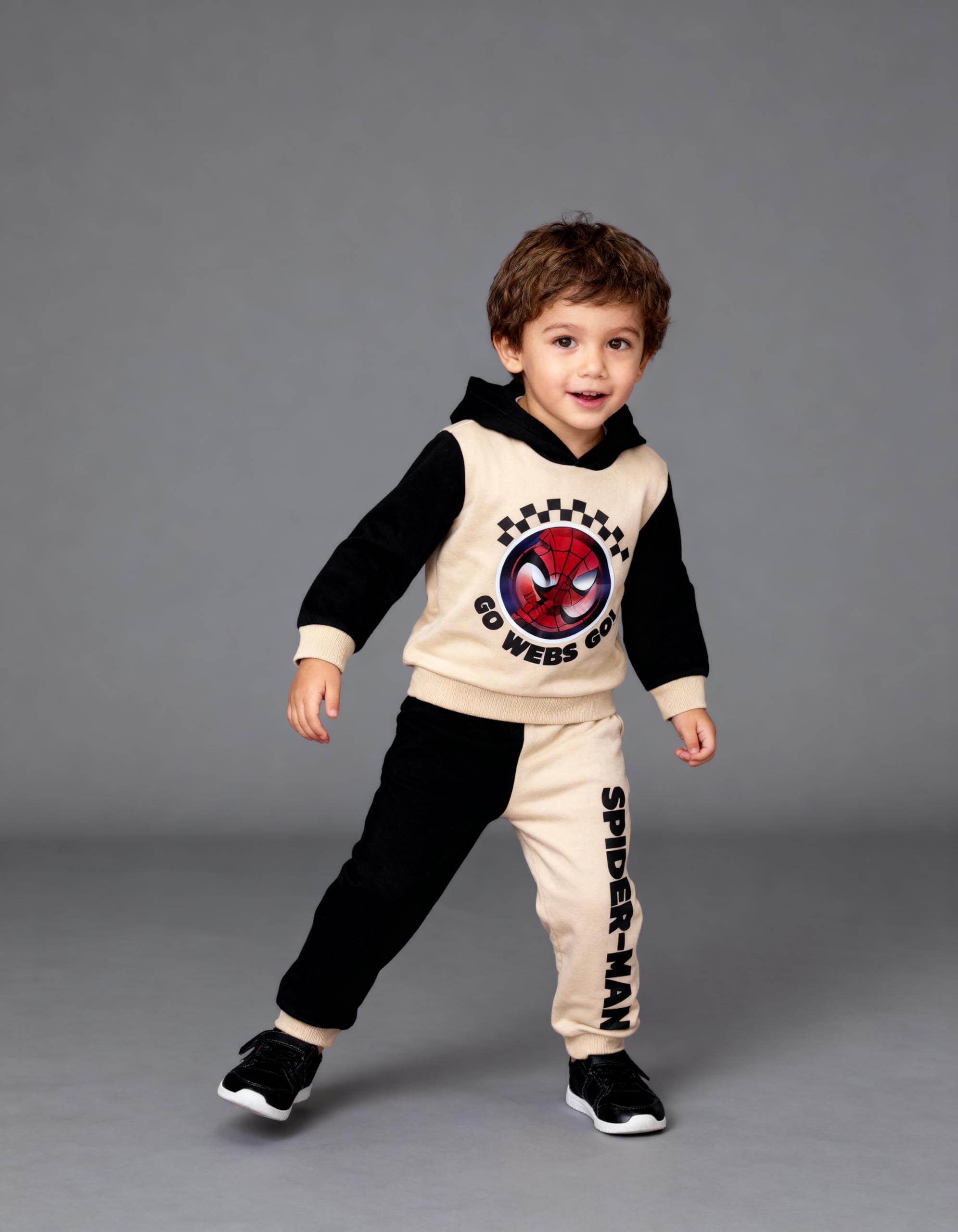 Disney Spider-Man Toddler Boys’ Outfit Set - Two Piece Hoodie Sweatshirt with Holographic Patch & Puff Ink Jogger Pants (Brown, 2T)