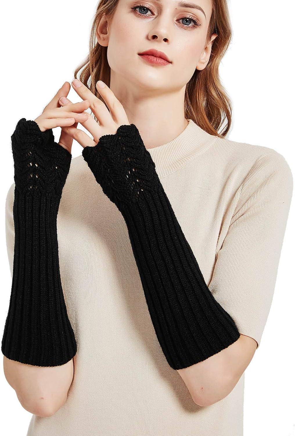 Novawo Women Arm Warmers Fashion Long Fingerless Gloves Knitted Kawaii Warm Gloves - Image 2