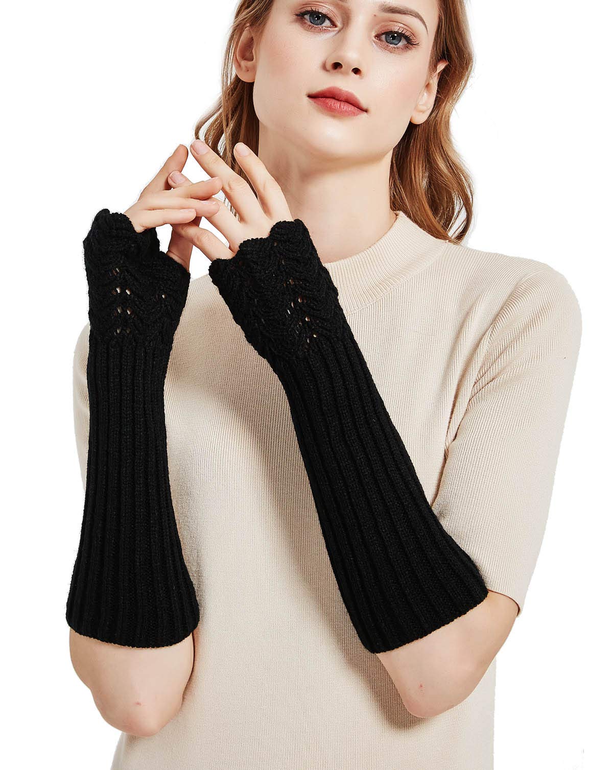 Novawo Women Arm Warmers Fashion Long Fingerless Gloves Knitted Kawaii Warm Gloves: Black