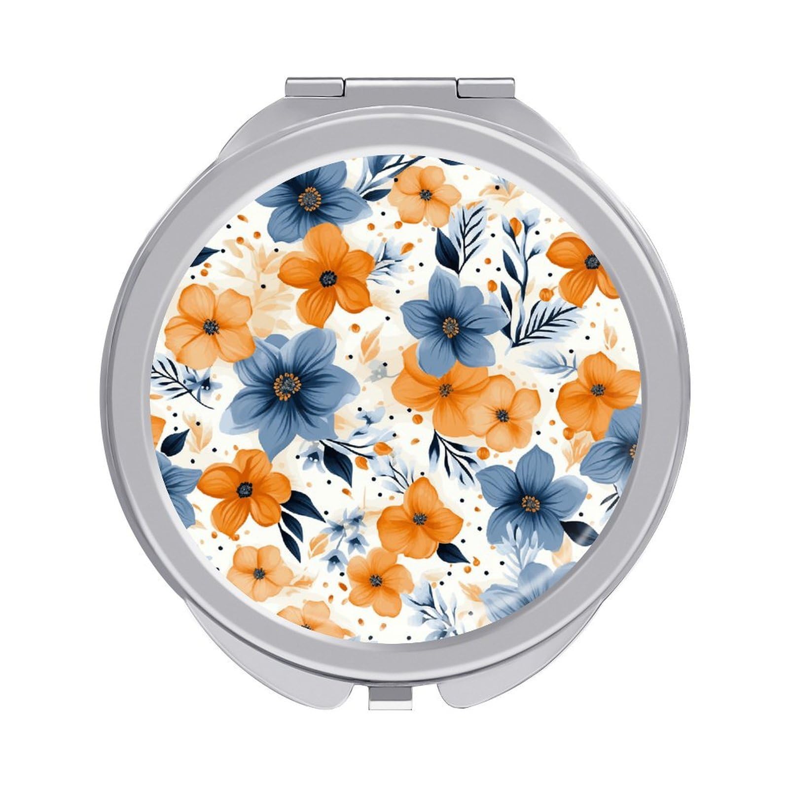 JTREHY Blue and Orange Flowers on White Background Makeup Mirror Silver Mirror Surface Folding Makeups Mirrors Lightweight Durable Looking Glass for Suitable Traveling Handbag and Purses