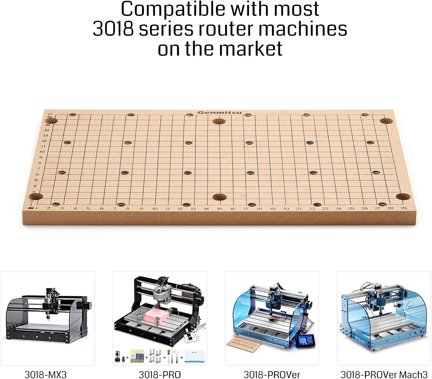 Genmitsu CNC MDF GRID Spoilboard for 3018 CNC Router Machine, Compatible with 3018-PRO/ 3018-PROVer/ 3018PROVer Mach3, 300 x 180 x 12mm (11-4/5''x 7''x 1/2''), M6 Holes (6mm), Screws and Nuts Included