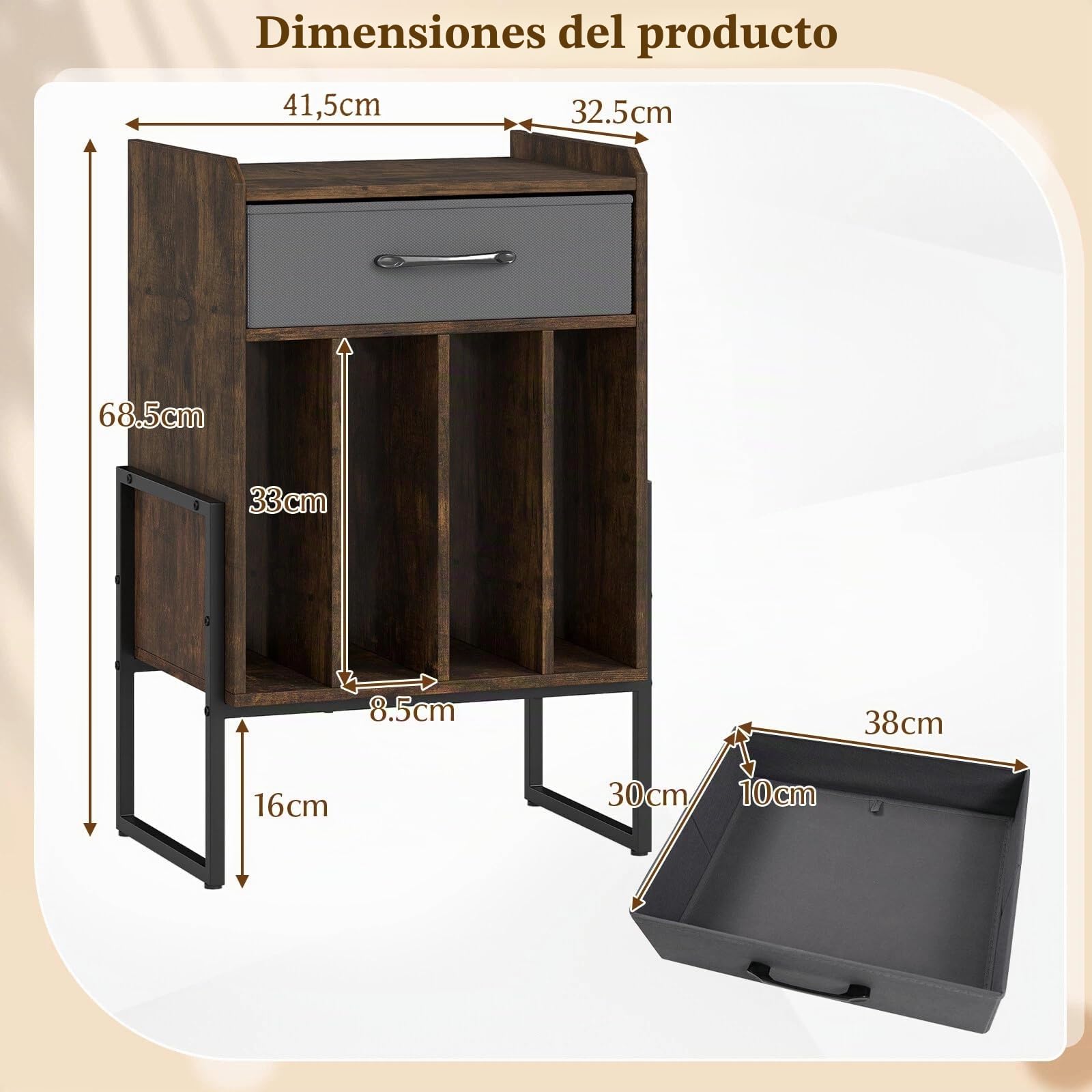 KOMFOTTEU Mueble para Tocadiscos con 4 Compartimentos y Cajón de Tela | Mesa para Tocadiscos con Patas Elevadas, Soporte de Discos de Vinilo para Sala de Estar, Dormitorio, 42 x 33 x 69 cm