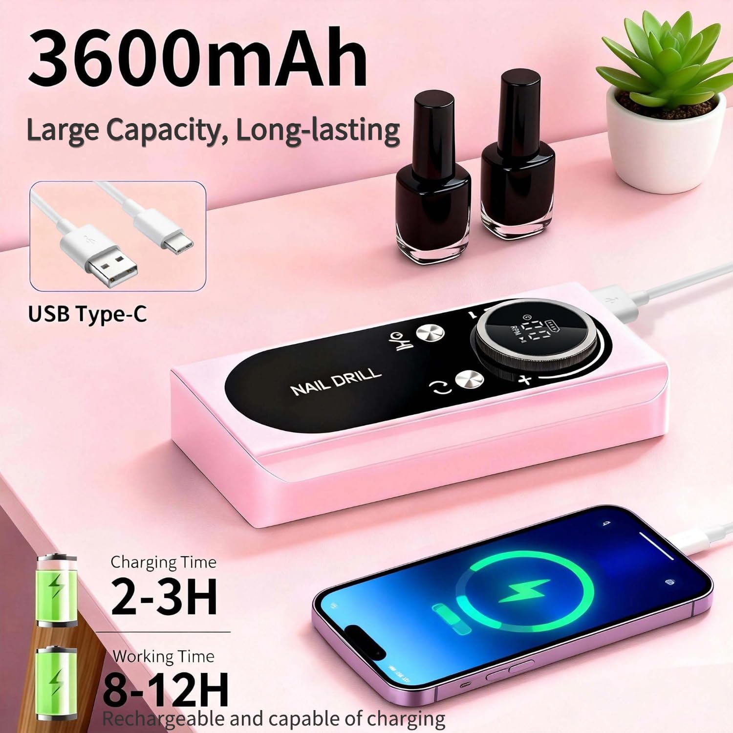 Electric Nail Drill Professional: 45000RPM Rechargeable Nail File with Bits for Acrylic Gel Nails, Professional Nail Drill Machine for Manicure & Pedicure Polishing Shape Tools for Home Salon