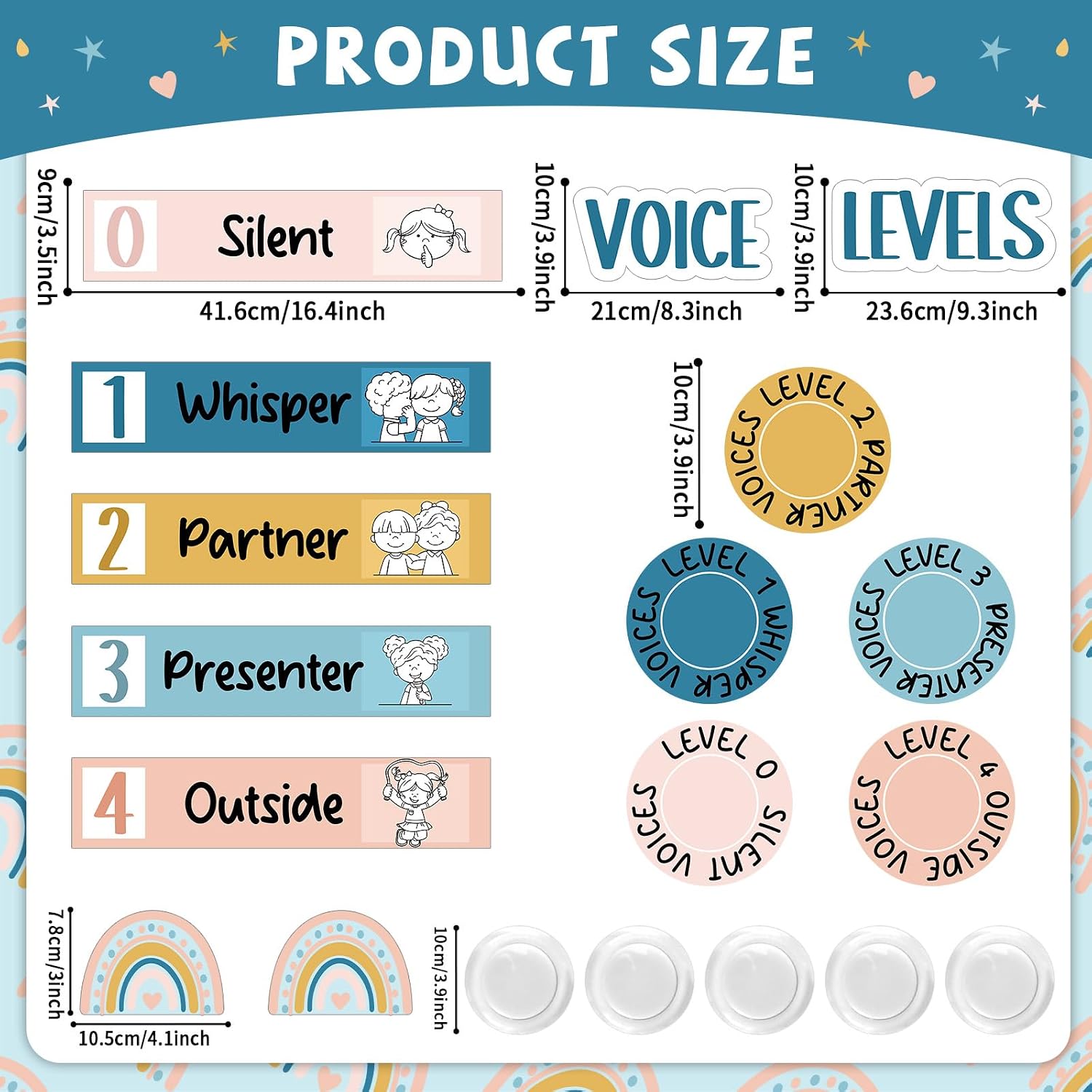 Naozinebi Boho Voice Noise Level Poster with 5 Pack Puck Lights - Rainbow Display, Educational Sign for Classroom Decor