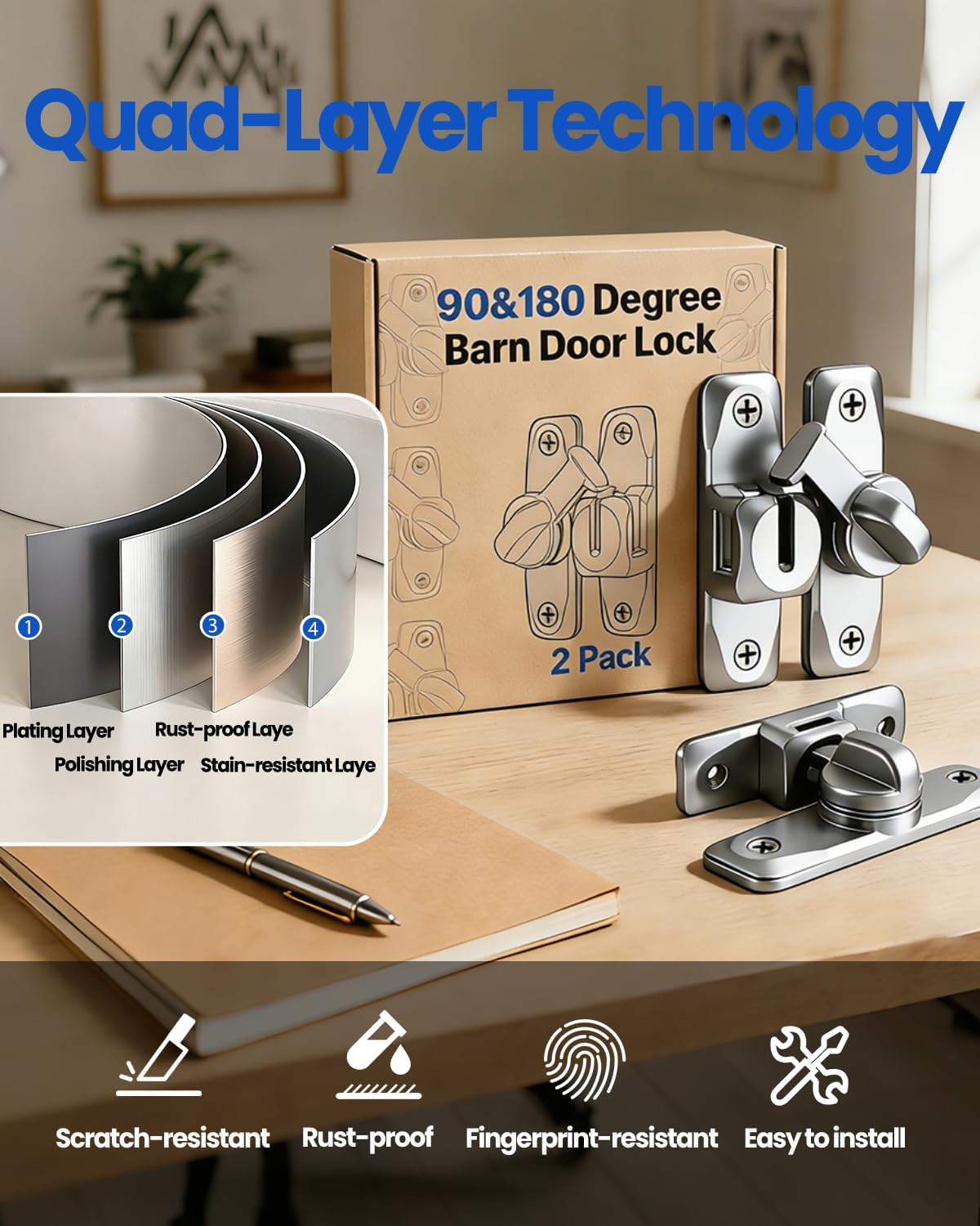 Barn Door Lock and Latche: Silver 90/180 Degree Latch, Sliding Barn Door Locks, Small Sliding Gate Latch, Zinc-Alloy Bifold Door Latch for Cabinets, Bathroom, Window, Outdoor, Child Proof (4 Pack)