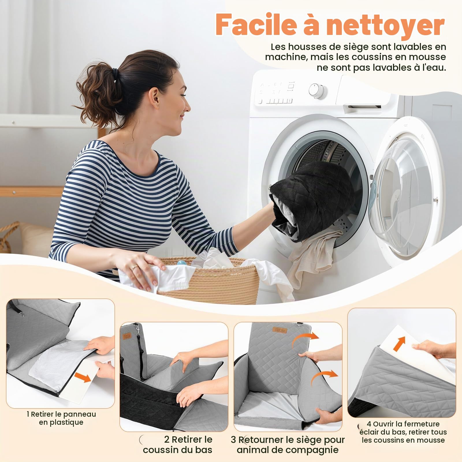 Siège Auto Élevé pour Chien jusqu'à 16kg, Noir & Gris | Lit Auto pour Chien en Mousse Haute Densité 10 cm, 2 Poches de Rangement, 3 Ceintures, Entièrement Amovible et Lavable