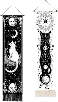 BVBOX 2 PCS Vertical Tapestry 13"x51", Gothic Cat Moon and Sun Aesthetic Long Vertical Wall Hanging Tassel Tapestries Home Decor for Living Room, Bedroom