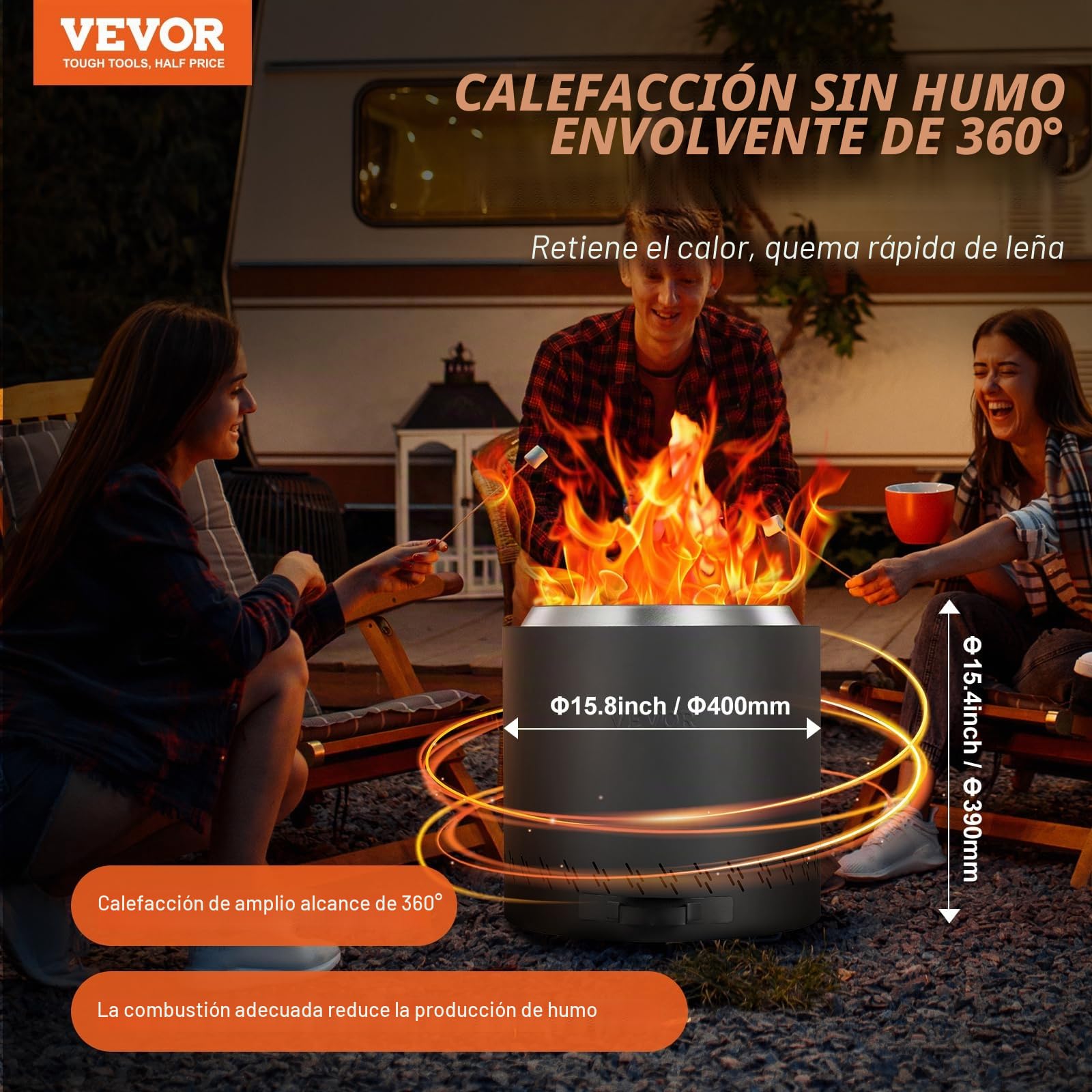 VEVOR Estufa de Fuego sin Humo, 390 mm de Alto, 400 mm de Diámetro, Chimeneas de Leña con Cenicero Extraíble Brasero Portátil para Exteriores de Acero Inoxidable SUS430 para Acampar en el Patio