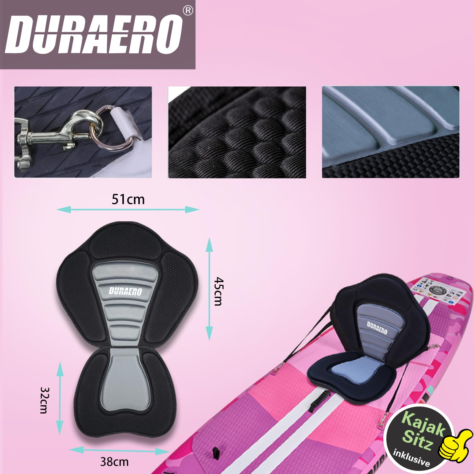 Tabla Hinchable de Paddle Surf con Asiento de Kayak, 330 x 76 x 15 cm, hasta 150 kg, Almohadilla Integrada, Aleta Desmontable, Doble Remo Ajustable, Kit de Reparación, Pink