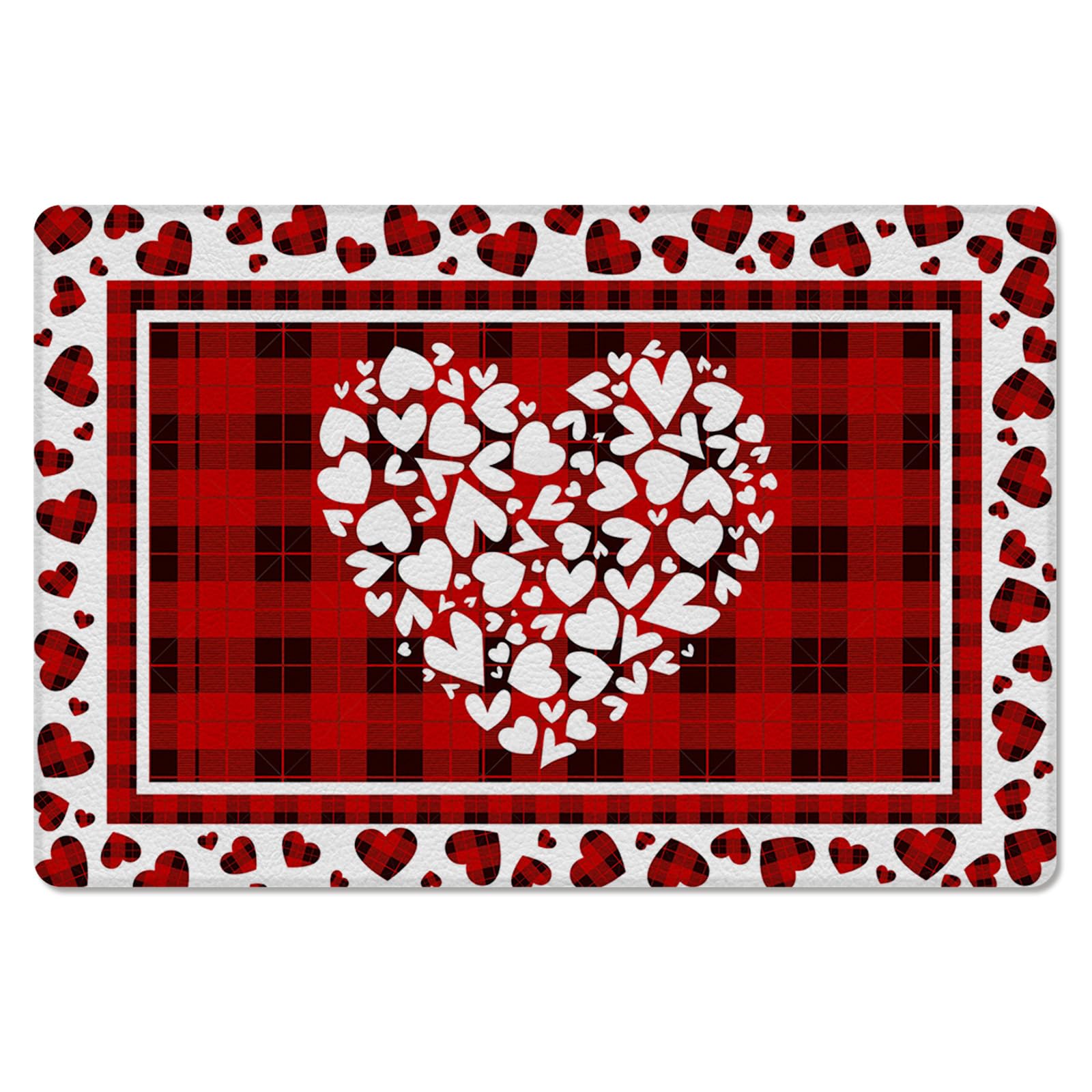 Buffalo Red Love Kitchen Bath Door Mat Cushioned Runner Rug,Washable Welcome Floor Sink Antifatigue Mat,Waterproof & Non-Slip Comfort Standing Doormat,Valentine's Day Plaid Sweet Heart 18