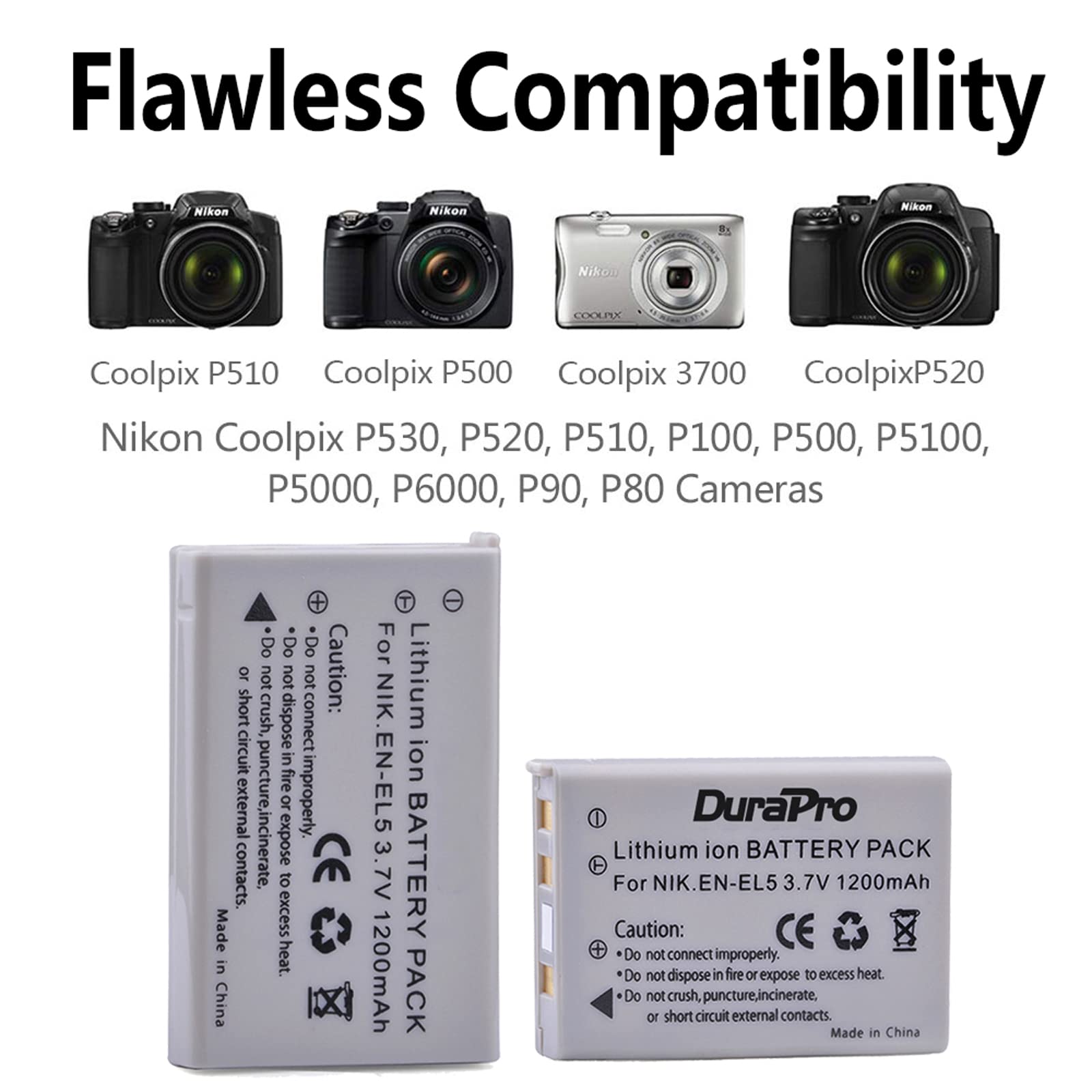 2X en-EL5 Battery Batterie + LED Dual Built-in USB Charger with Type C Port Compatible avec Nikon Coolpix P90 P80 P100 P500 P510 P520 P530 P5000 P5100 P6000 5900 7900 Coolpix S10 Caméra