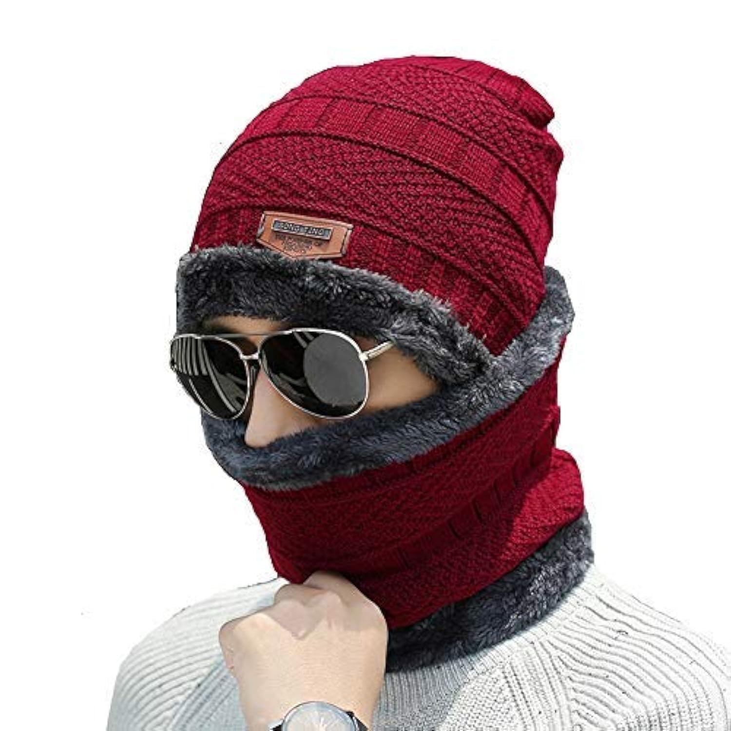 Unisex Wool Beanie Cap Plus Muffler Scarf Stay Warm in Style Set Maroon color-image-4